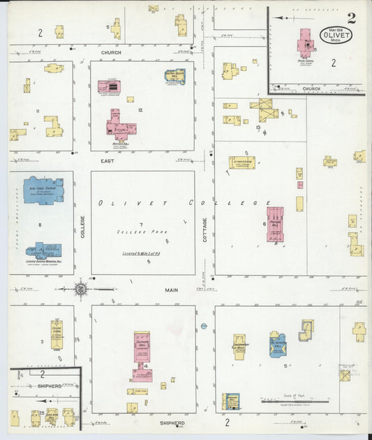Sanborn Fire Insurance Map from Olivet, Eaton County, Michigan (1918), Sheet #0002 - Historic Sanborn Fire Insurance Map Print, vintage old map wall art, antique decor, genealogy gift, Michigan Michigan map