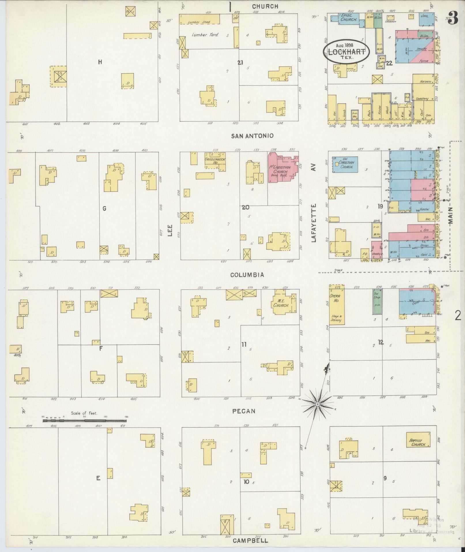 Sanborn Fire Insurance Map from Lockhart, Caldwell County, Texas (1898), Sheet #0003 - Historic Sanborn Fire Insurance Map Print, vintage old map wall art, antique decor, genealogy gift, Texas Texas map