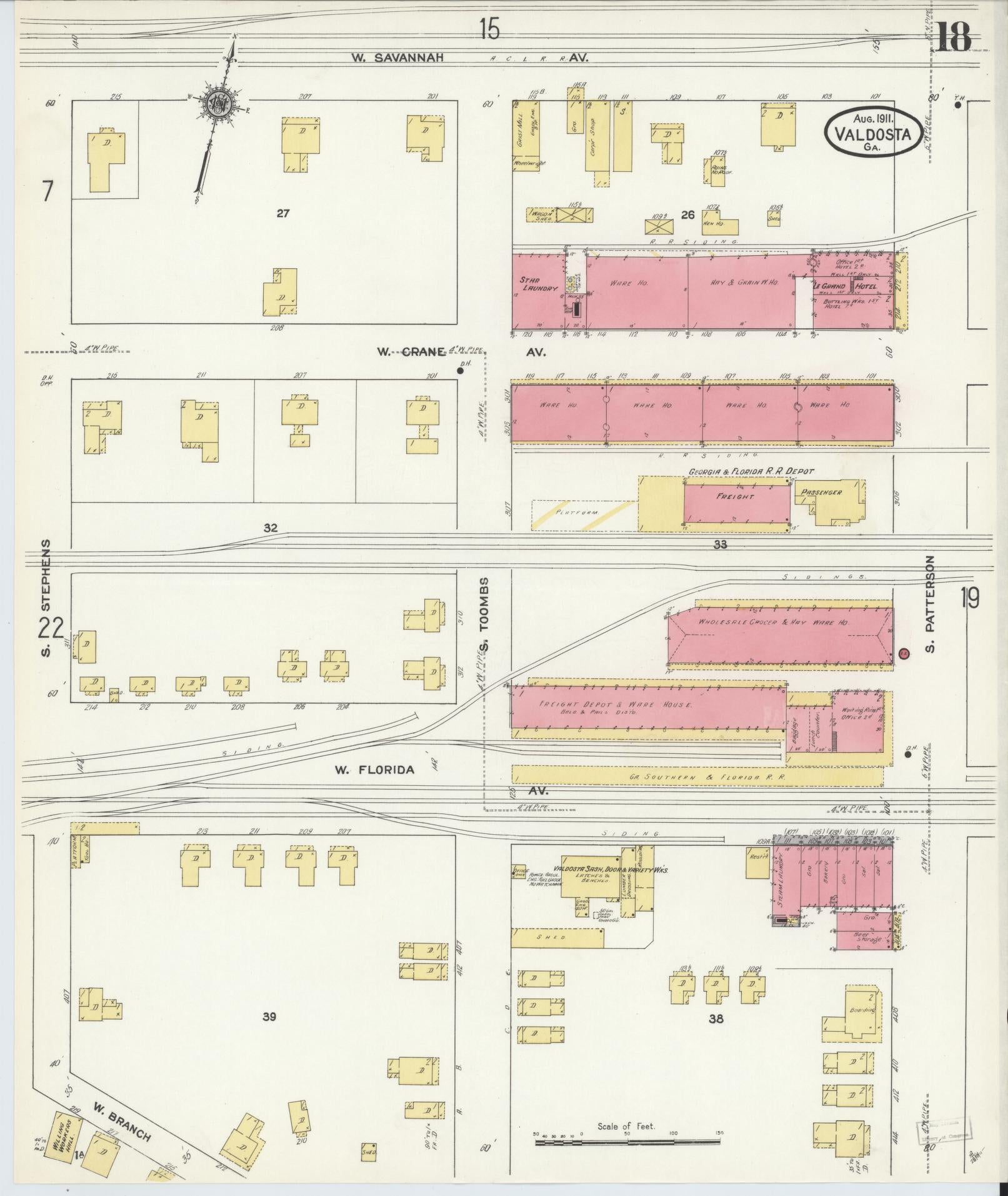 Sanborn Fire Insurance Map from Valdosta, Lowndes County, Georgia (1911), Sheet #0018 - Complete Map Set gallery image, historic Sanborn map, vintage wall art, Georgia Georgia