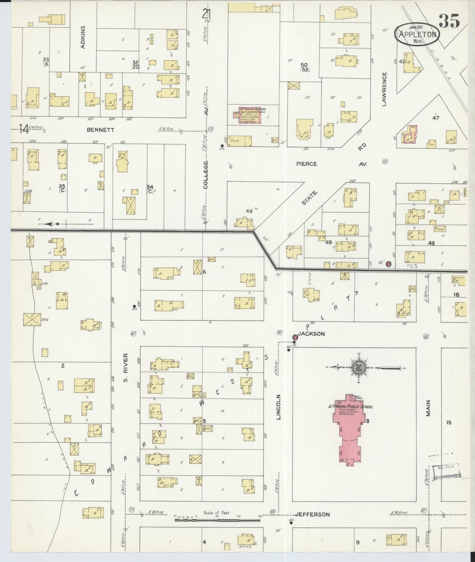 Sanborn Fire Insurance Map from Appleton, Outagamie County, Wisconsin (1911), Sheet #0035 - Historic Sanborn Fire Insurance Map Print, vintage old map wall art, antique decor, genealogy gift, Wisconsin Wisconsin map