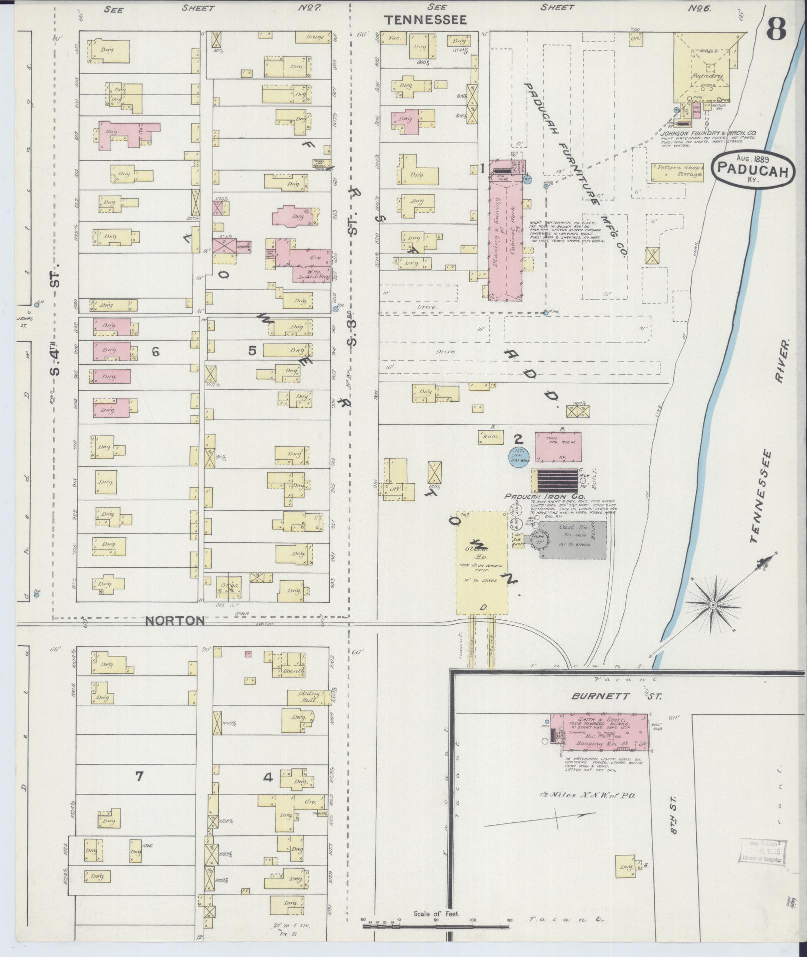 Sanborn Fire Insurance Map from Paducah, Mccraken County, Kentucky (1889), Sheet #0008 - Complete Map Set gallery image, historic Sanborn map, vintage wall art, Kentucky Kentucky