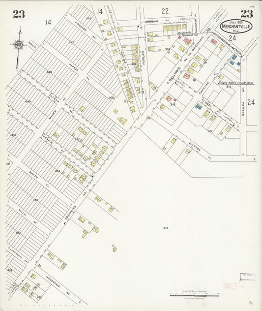 Sanborn Fire Insurance Map from Merchantville, Camden County, New Jersey (1925), Sheet #0023 - Historic Sanborn Fire Insurance Map Print, vintage old map wall art, antique decor, genealogy gift, New Jersey New Jersey map