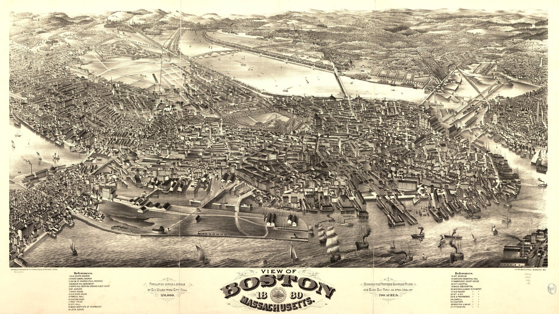 View of Boston, Massachusetts 1880. (1880) – Historic Bird’s-Eye View Panorama Print