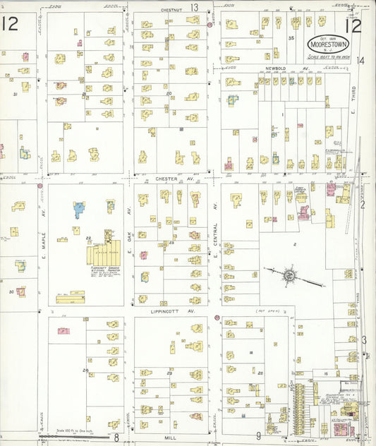 Sanborn Fire Insurance Map from Moorestown, Burlington County, New Jersey (1923), Sheet #0012 - Historic Sanborn Fire Insurance Map Print, vintage old map wall art, antique decor, genealogy gift, New Jersey New Jersey map