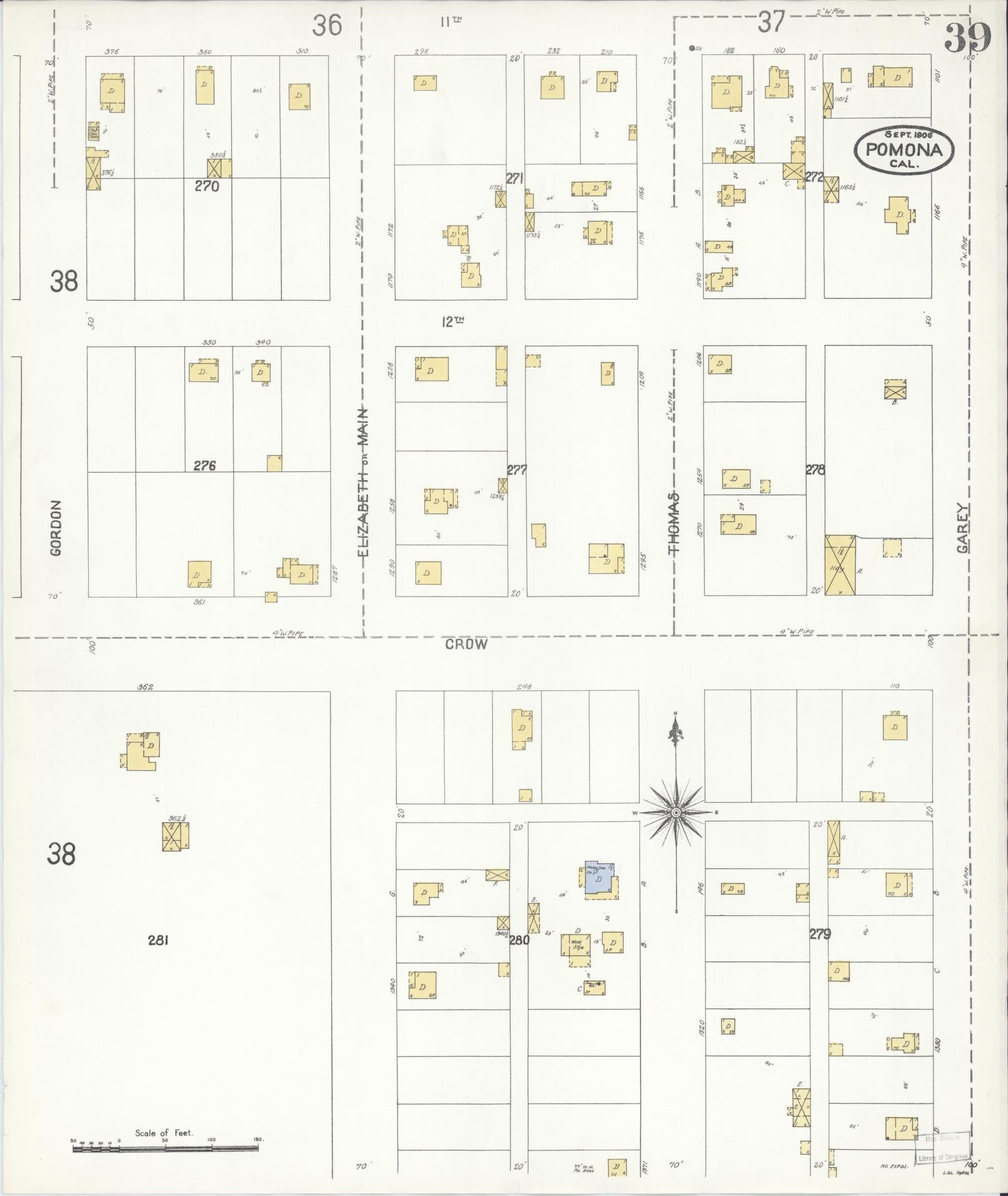 Sanborn Fire Insurance Map from Pomona, Los Angeles County, California (1906), Sheet #0039 - Complete Map Set gallery image, historic Sanborn map, vintage wall art, California California