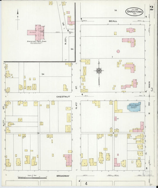 Sanborn Fire Insurance Map from Bardstown, Nelson County, Kentucky (1910), Sheet #0002 - Historic Sanborn Fire Insurance Map Print, vintage old map wall art, antique decor, genealogy gift, Kentucky Kentucky map