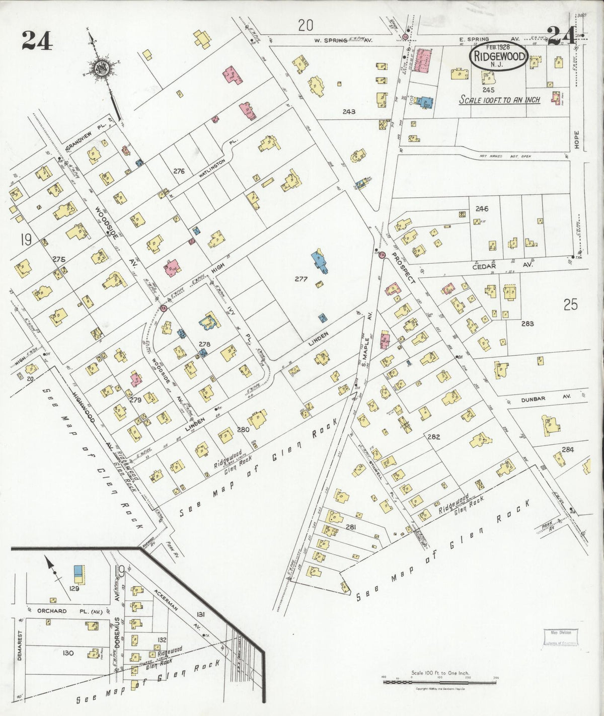 Sanborn Fire Insurance Map from Ridgewood, Bergen County, New Jersey (1928), Sheet #0024 - Historic Sanborn Fire Insurance Map Print, vintage old map wall art, antique decor, genealogy gift, New Jersey New Jersey map