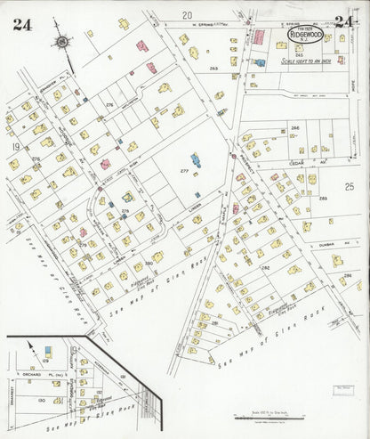 Sanborn Fire Insurance Map from Ridgewood, Bergen County, New Jersey (1928), Sheet #0024 - Historic Sanborn Fire Insurance Map Print, vintage old map wall art, antique decor, genealogy gift, New Jersey New Jersey map