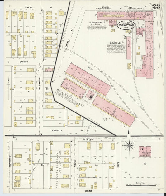 Sanborn Fire Insurance Map from Middletown, Butler County, Ohio (1907), Sheet #0023 - Historic Sanborn Fire Insurance Map Print, vintage old map wall art, antique decor, genealogy gift, Ohio Ohio map