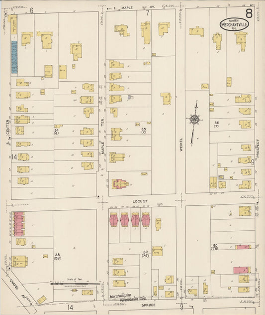 Sanborn Fire Insurance Map from Merchantville, Camden County, New Jersey (1921), Sheet #0008 - Historic Sanborn Fire Insurance Map Print, vintage old map wall art, antique decor, genealogy gift, New Jersey New Jersey map