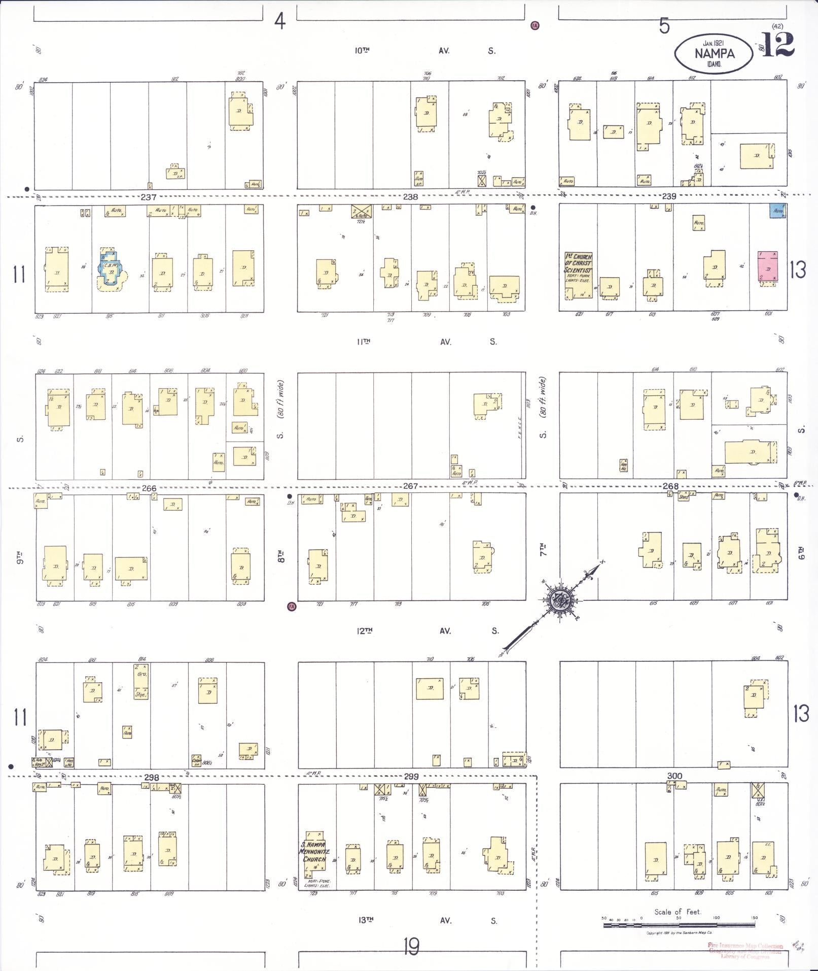 Sanborn Fire Insurance Map from Nampa, Canyon County, Idaho (1921), Sheet #0012 - Historic Sanborn Fire Insurance Map Print, vintage old map wall art, antique decor, genealogy gift, Idaho Idaho map
