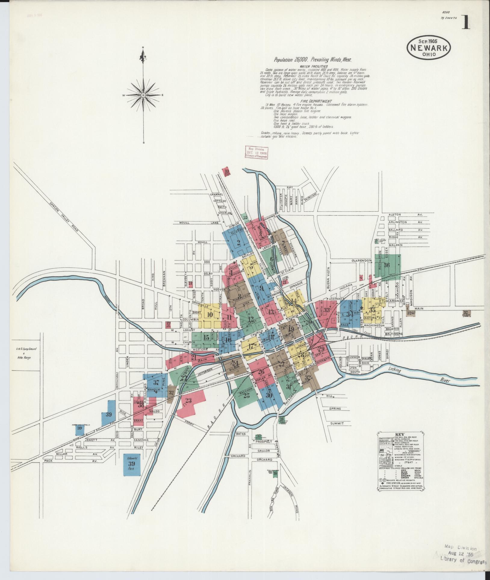 Sanborn Fire Insurance Map from Newark, Licking County, Ohio (1905), Sheet #0001 - Historic Sanborn Fire Insurance Map Print, vintage old map wall art, antique decor, genealogy gift, Ohio Ohio map