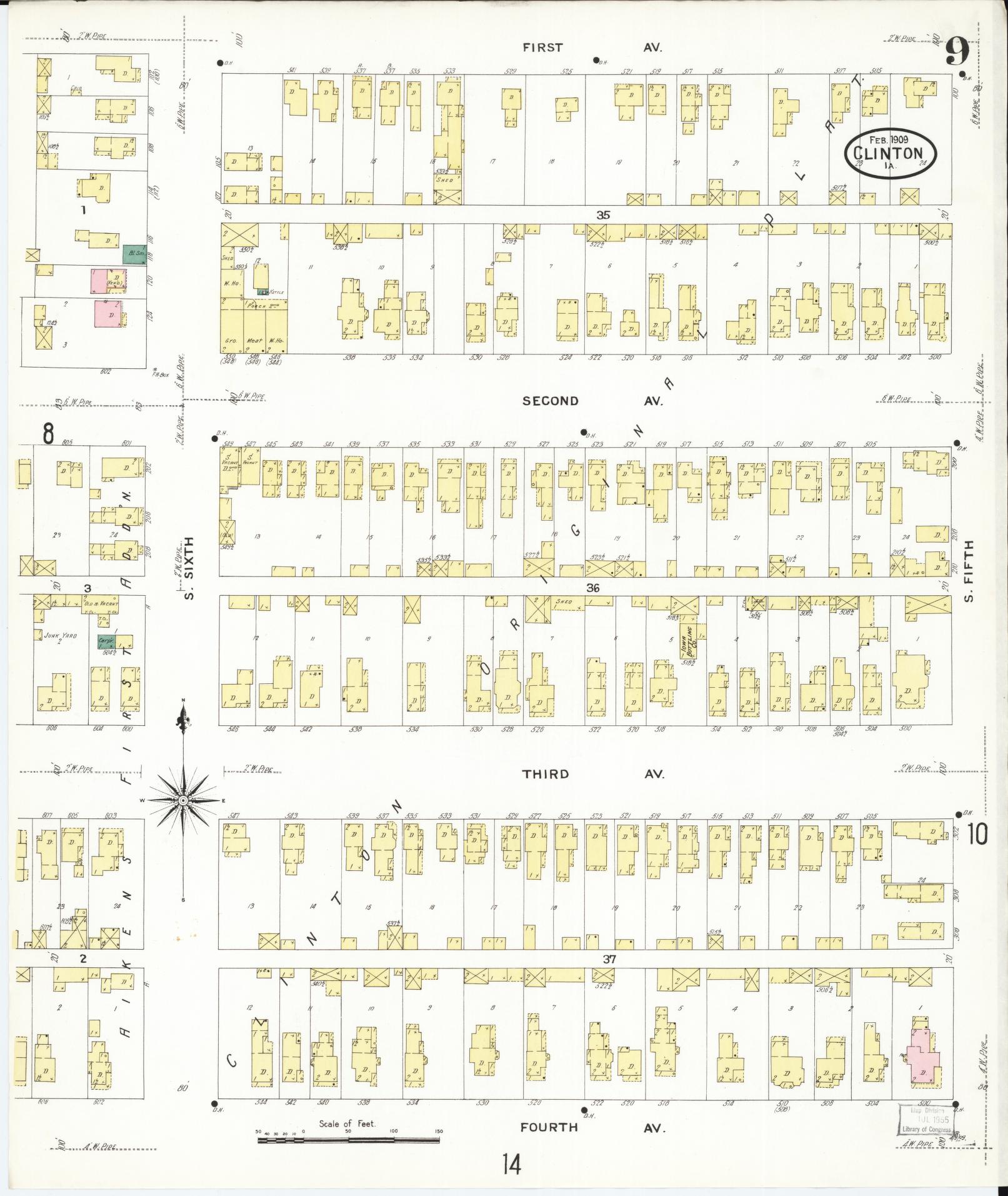 Sanborn Fire Insurance Map from Clinton, Clinton County, Iowa (1909), Sheet #0009 - Historic Sanborn Fire Insurance Map Print, vintage old map wall art
