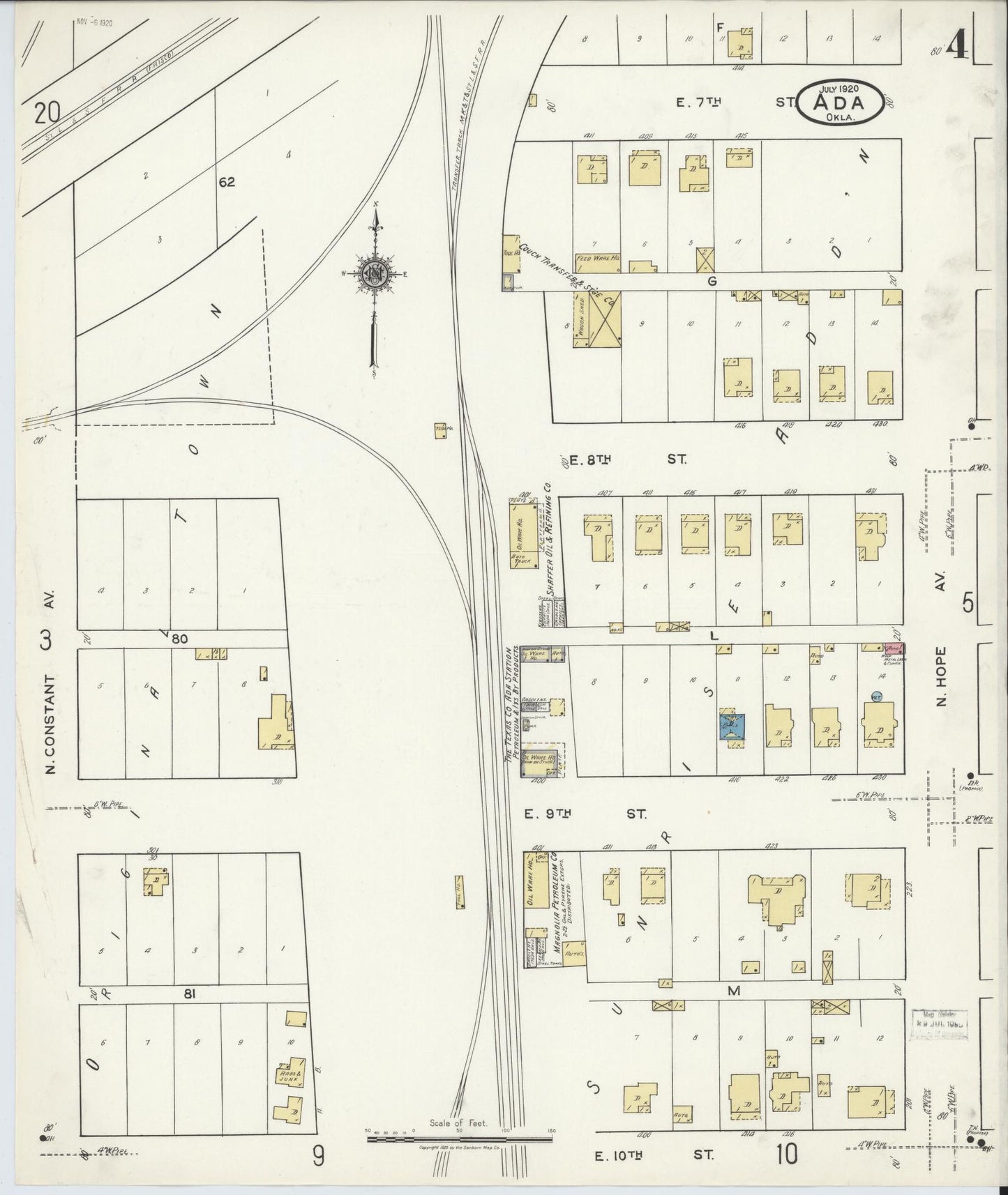Sanborn Fire Insurance Map from Ada, Pontotoc County, Oklahoma (1920), Sheet #0004 - Complete Map Set gallery image, historic Sanborn map, vintage wall art, Oklahoma Oklahoma