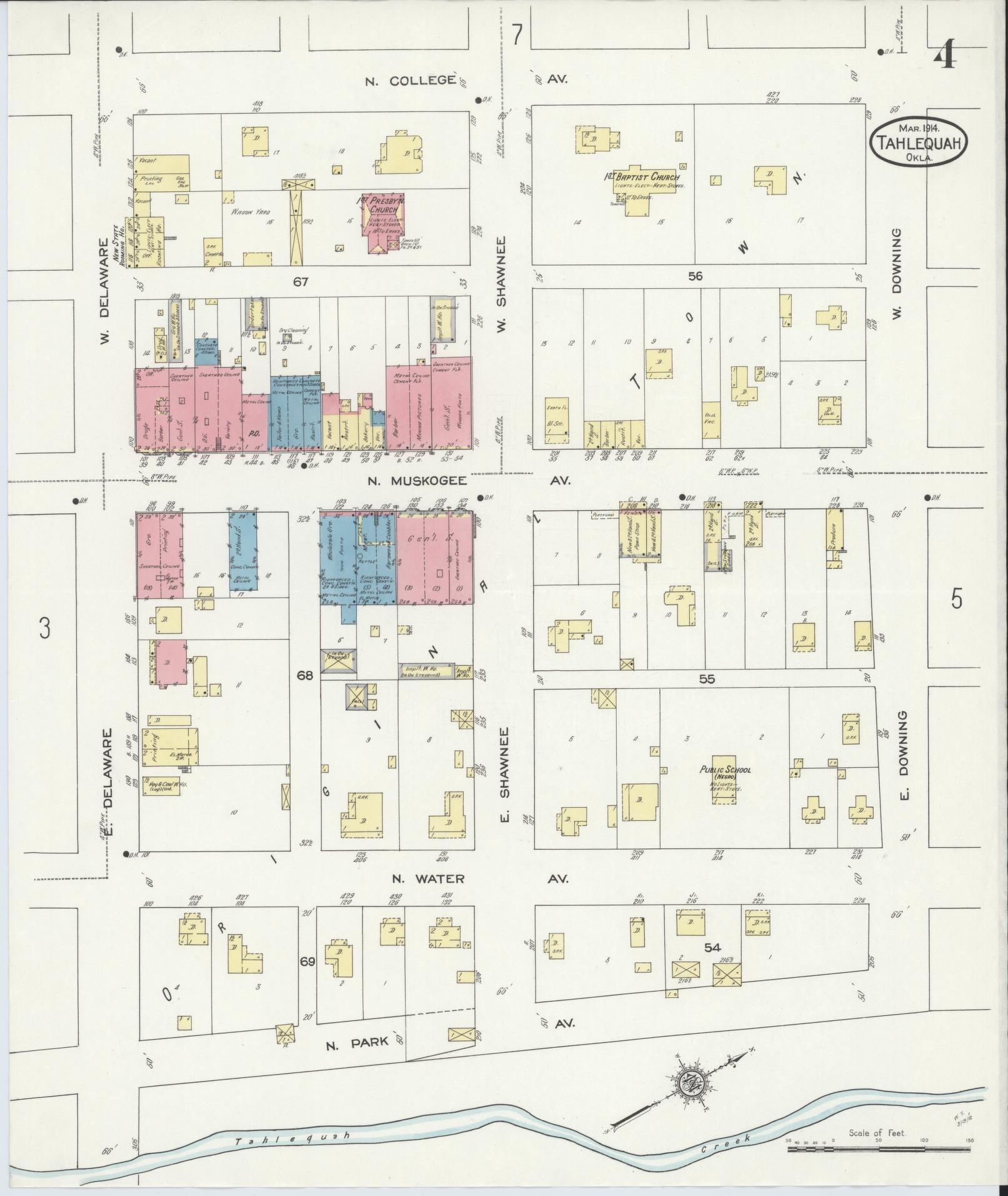 Sanborn Fire Insurance Map from Tahlequah, Cherokee County, Oklahoma (1914), Sheet #0004 - Complete Map Set gallery image, historic Sanborn map, vintage wall art, Oklahoma Oklahoma