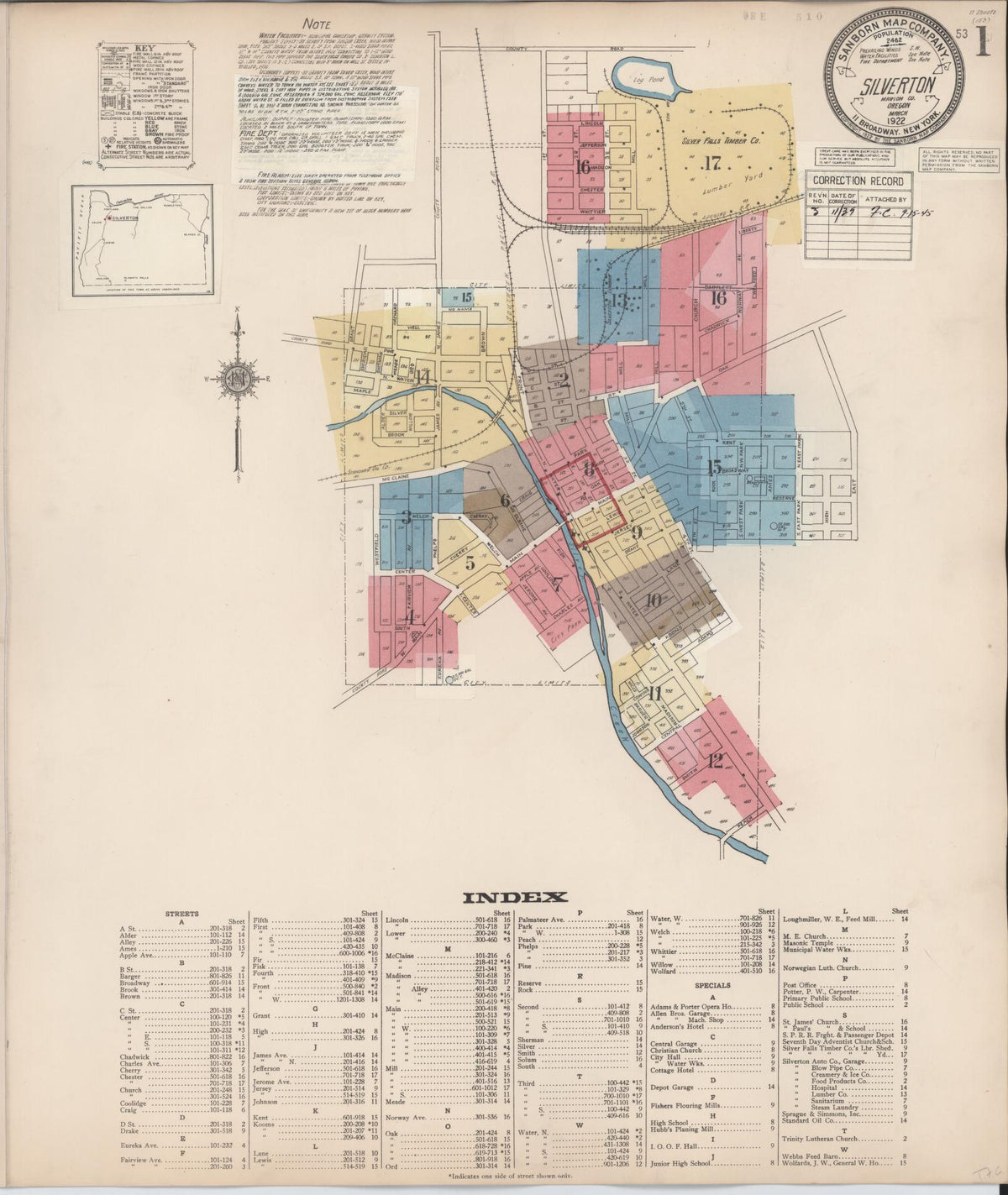 Sanborn Fire Insurance Map from Silverton, Marion County, Oregon (1939), Sheet #0001 - Historic Sanborn Fire Insurance Map Print, vintage old map wall art, antique decor, genealogy gift, Oregon Oregon map
