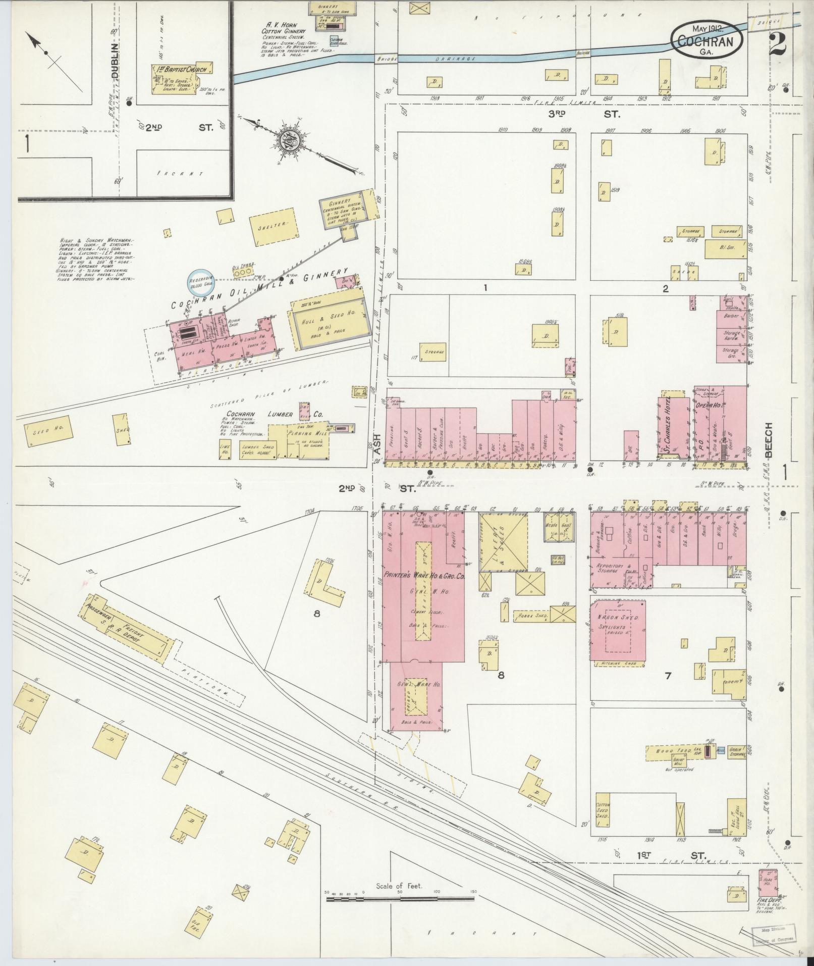 Sanborn Fire Insurance Map from Cochran, Bleckley County, Georgia (1912), Sheet #0002 - Complete Map Set gallery image, historic Sanborn map, vintage wall art, Georgia Georgia