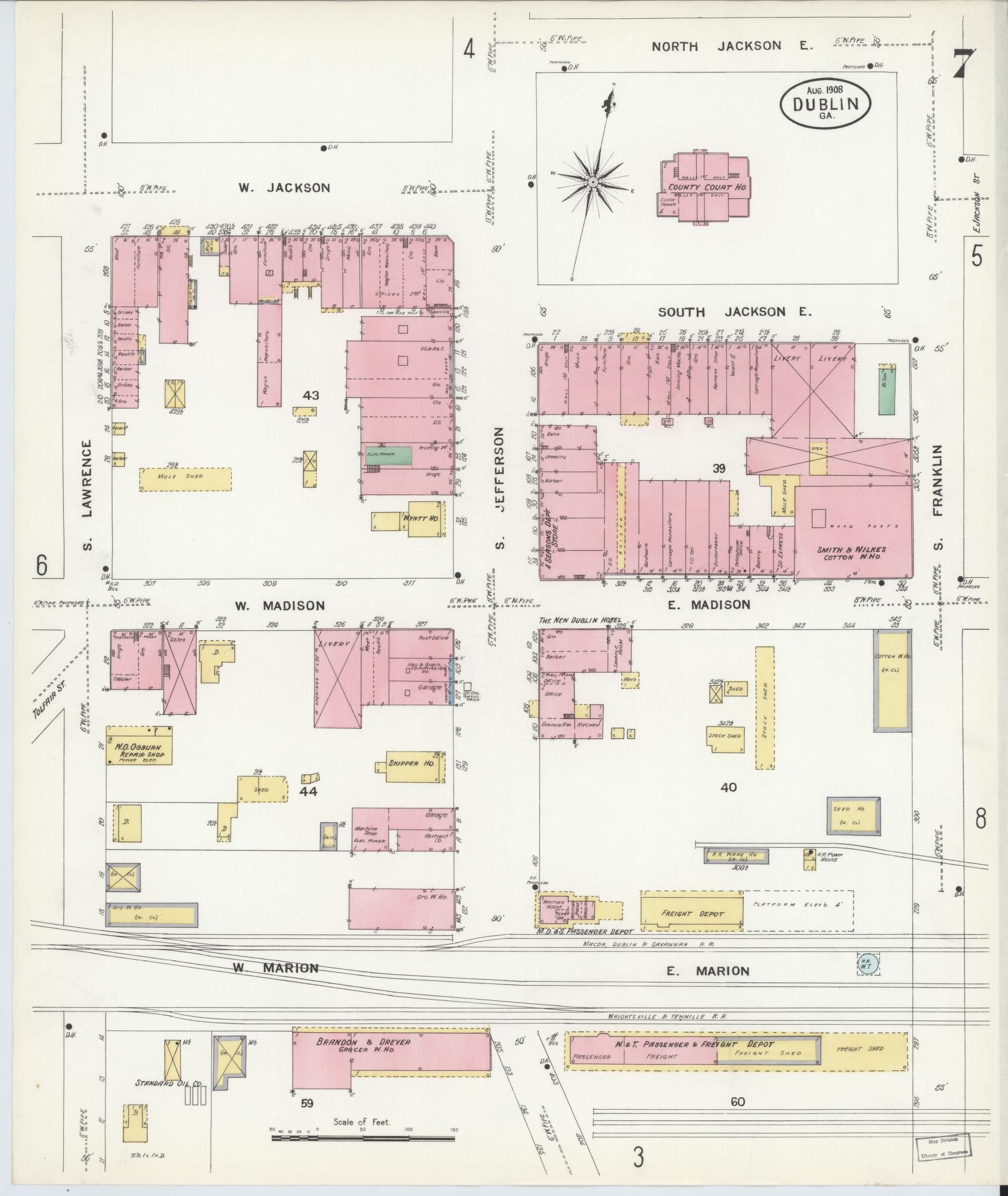 Sanborn Fire Insurance Map from Dublin, Laurens County, Georgia (1908), Sheet #0007 - Historic Sanborn Fire Insurance Map Print, vintage old map wall art, antique decor, genealogy gift, Georgia Georgia map