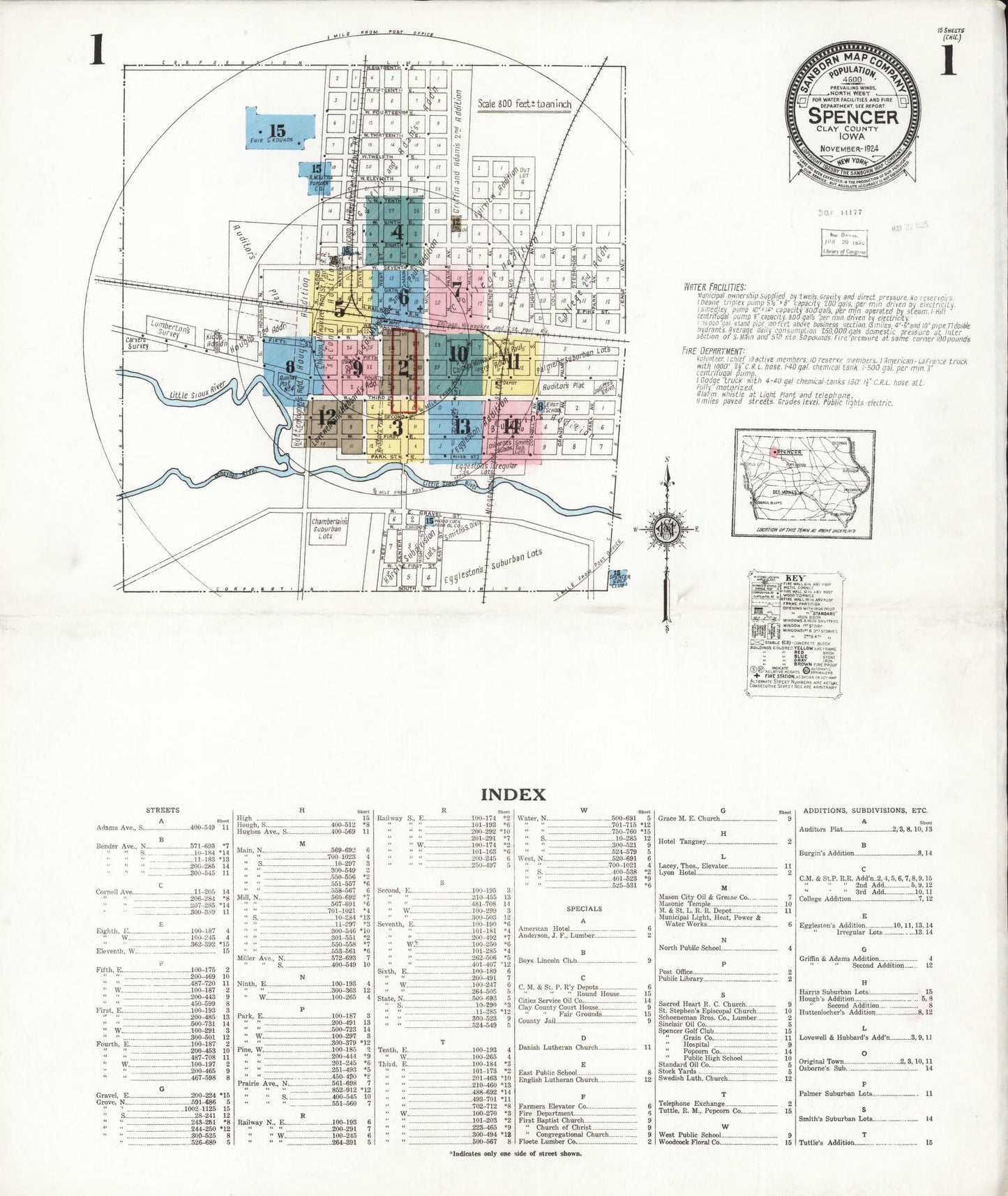Sanborn Fire Insurance Map from Spencer, Clay County, Iowa (1924), Sheet #0001 - Historic Sanborn Fire Insurance Map Print