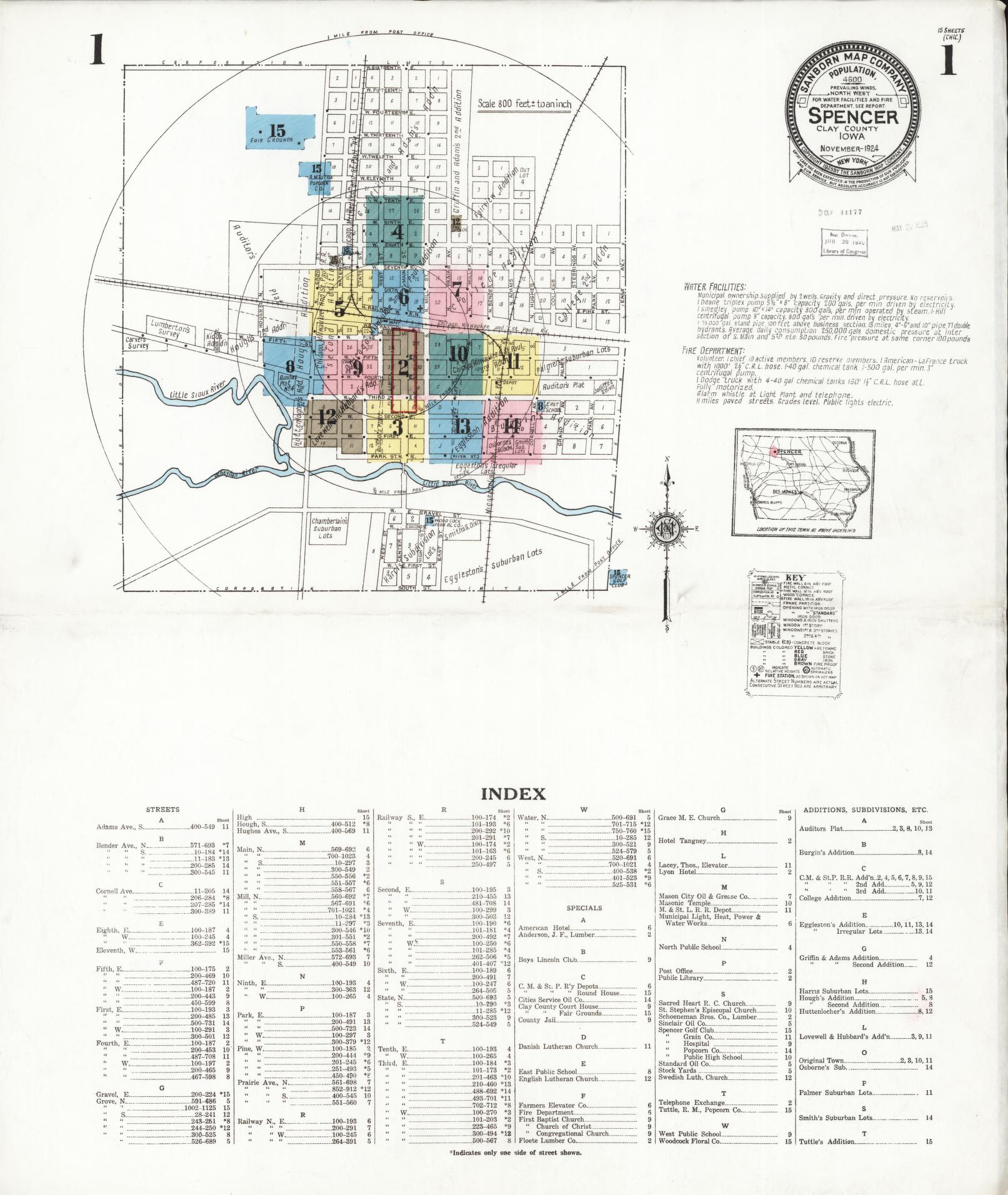 Sanborn Fire Insurance Map from Spencer, Clay County, Iowa (1924), Sheet #0001 - Historic Sanborn Fire Insurance Map Print