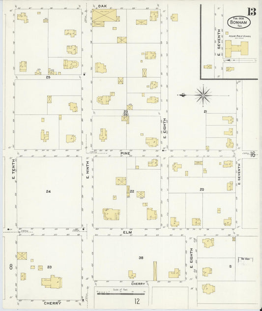 Sanborn Fire Insurance Map from Bonham, Fannin County, Texas (1909), Sheet #0013 - Historic Sanborn Fire Insurance Map Print, vintage old map wall art, antique decor, genealogy gift, Texas Texas map