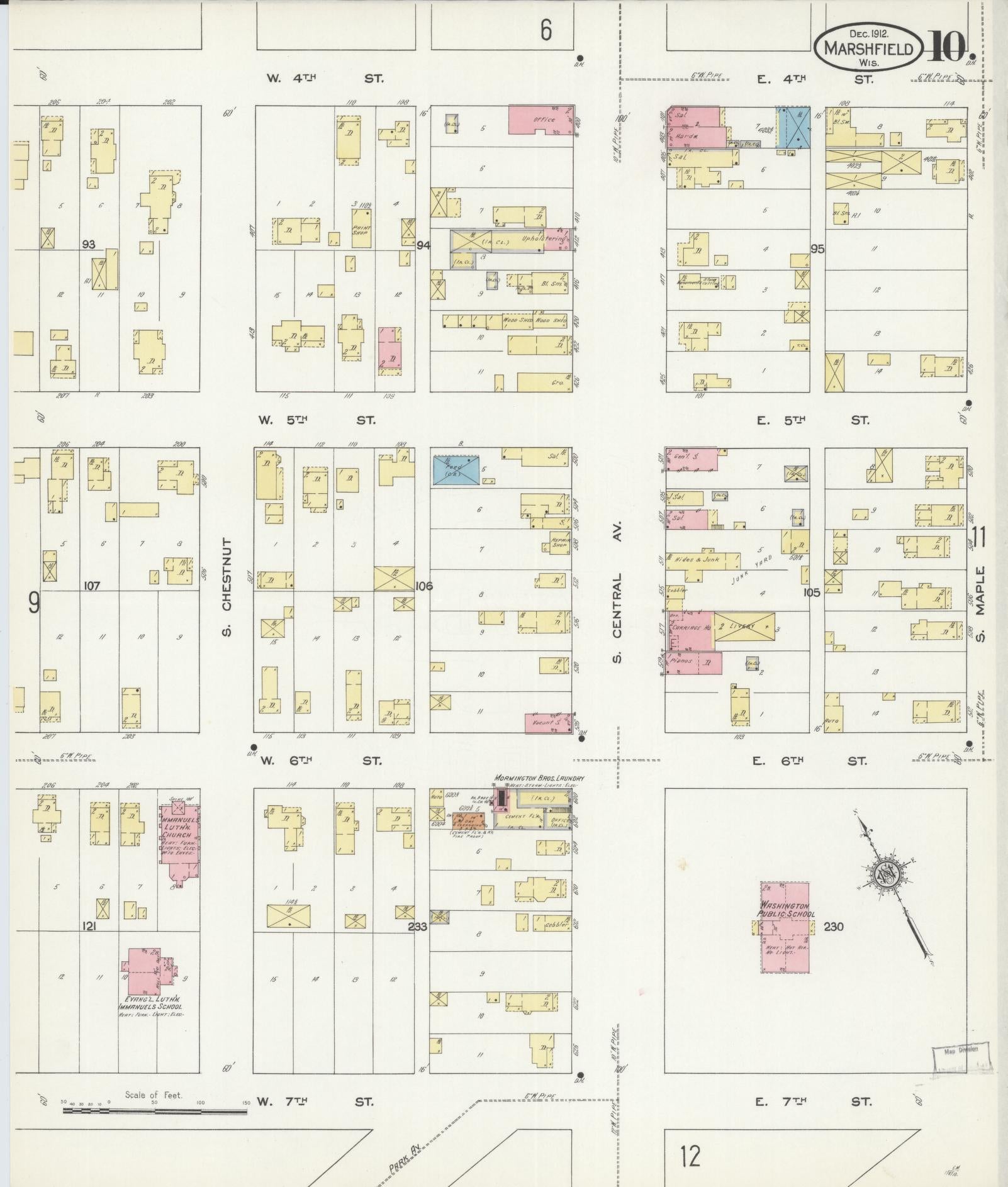 Sanborn Fire Insurance Map from Marshfield, Wood County, Wisconsin (1912), Sheet #0010 - Historic Sanborn Fire Insurance Map Print, vintage old map wall art, antique decor, genealogy gift, Wisconsin Wisconsin map