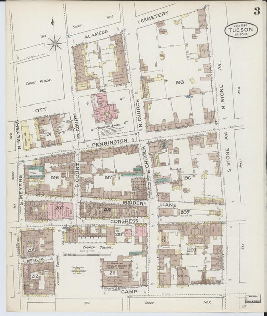 Sanborn Fire Insurance Map from Tucson, Pima County, Arizona (1886), Sheet #0003 - Historic Sanborn Fire Insurance Map Print, vintage old map wall art, antique decor, genealogy gift, Arizona Arizona map