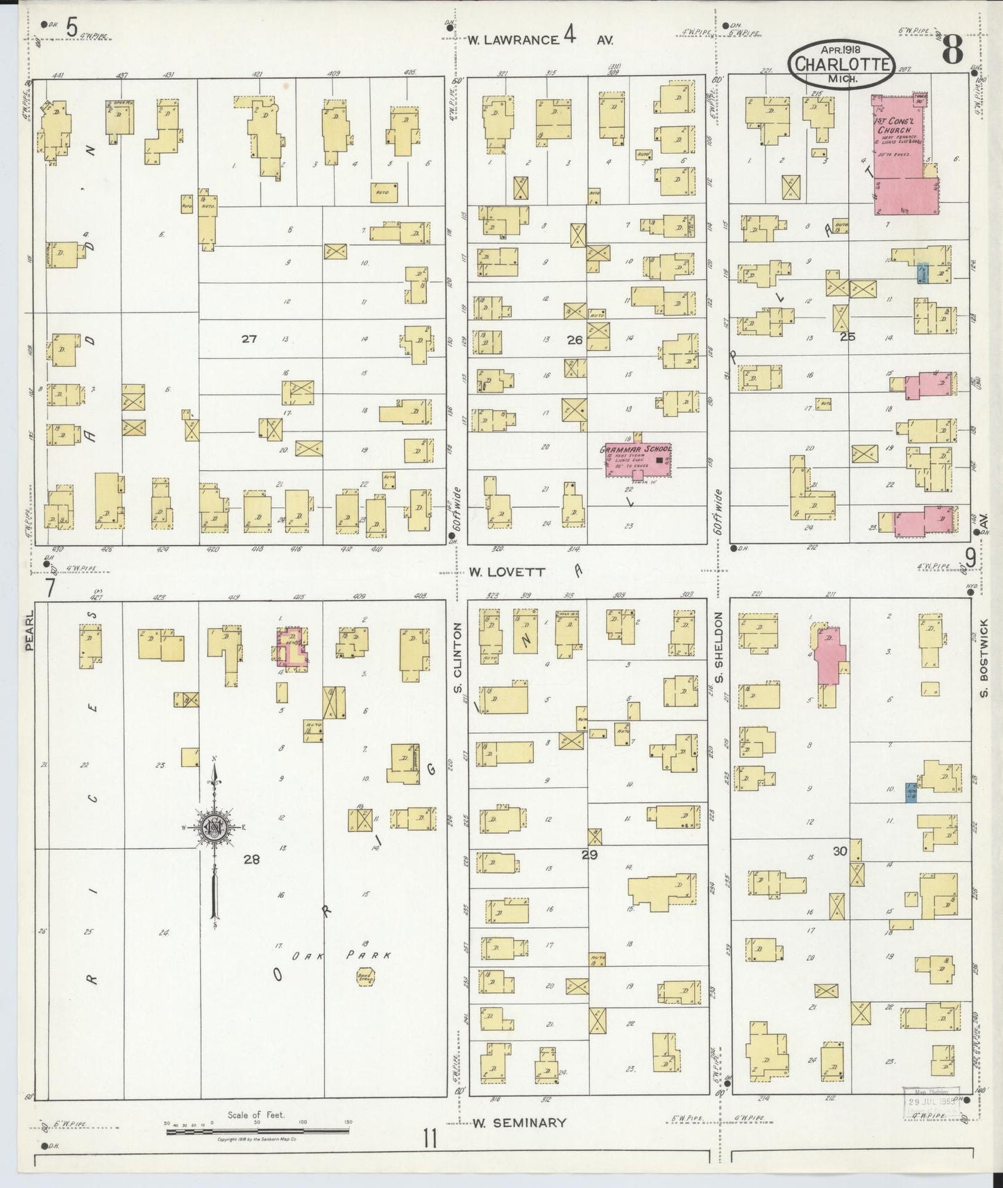 Sanborn Fire Insurance Map from Charlotte, Eaton County, Michigan (1918), Sheet #0008 - Historic Sanborn Fire Insurance Map Print, vintage old map wall art, antique decor, genealogy gift, Michigan Michigan map