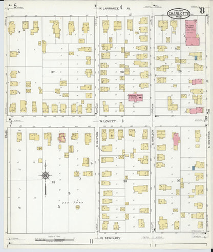 Sanborn Fire Insurance Map from Charlotte, Eaton County, Michigan (1918), Sheet #0008 - Historic Sanborn Fire Insurance Map Print, vintage old map wall art, antique decor, genealogy gift, Michigan Michigan map