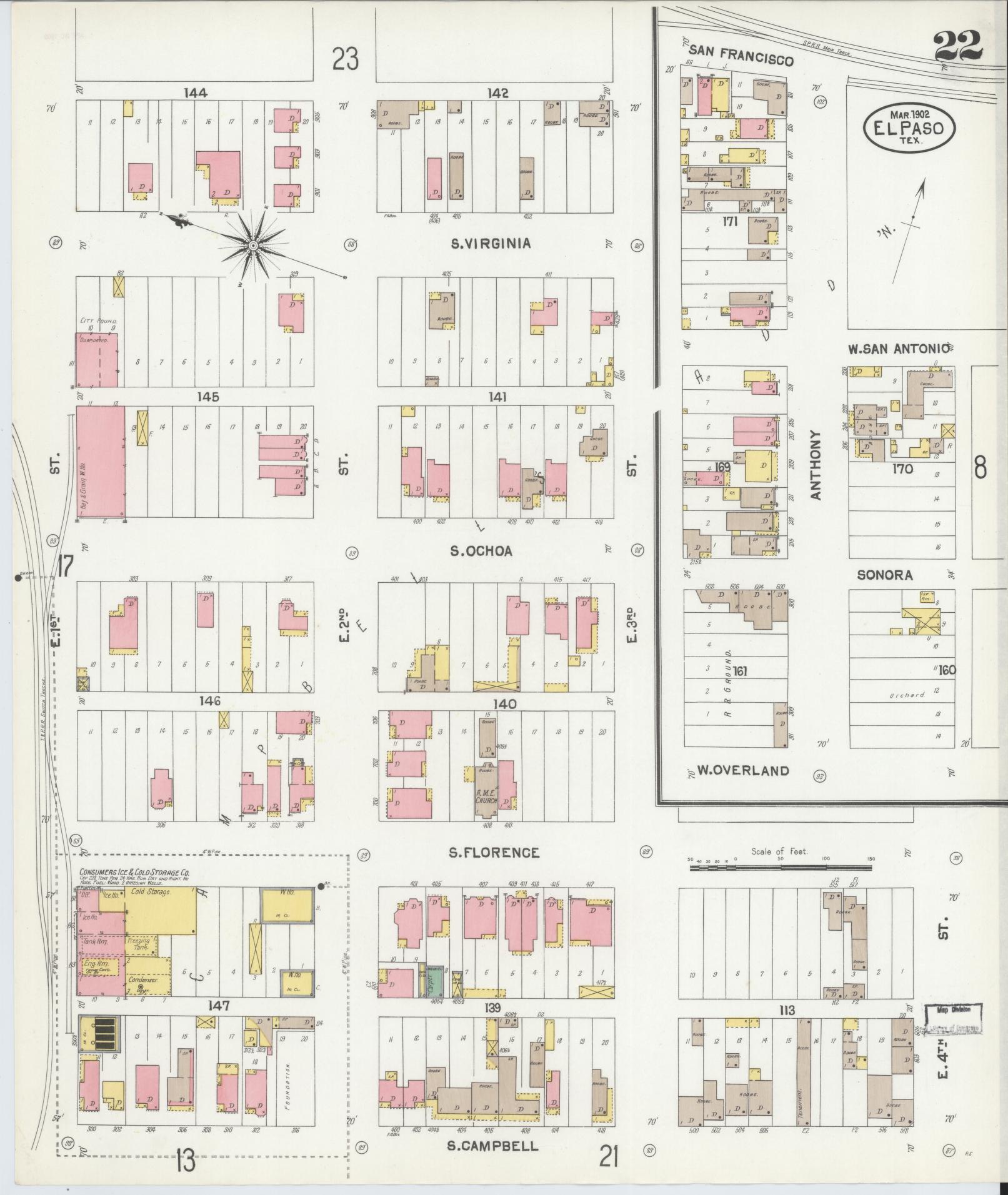 Sanborn Fire Insurance Map from El Paso, El Paso County, Texas (1902), Sheet #0022 - Complete Map Set gallery image, historic Sanborn map, vintage wall art, Texas Texas