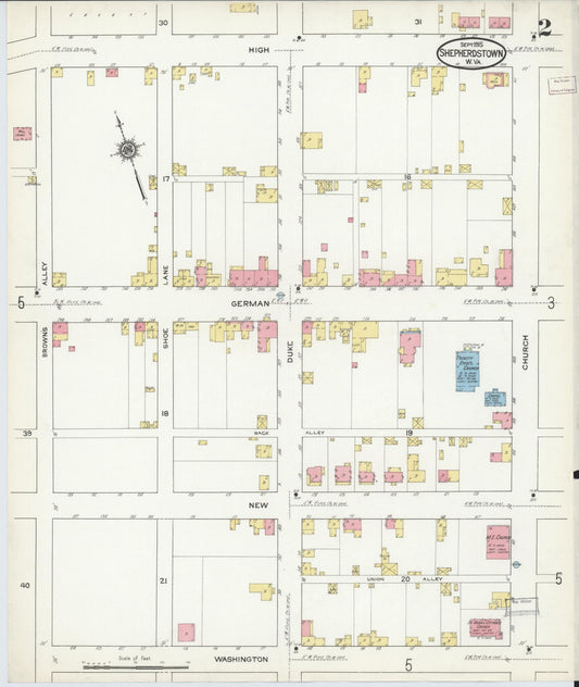 Sanborn Fire Insurance Map from Shepherdstown, Jefferson County, West Virginia (1915), Sheet #0002 - Historic Sanborn Fire Insurance Map Print, vintage old map wall art, antique decor, genealogy gift, West Virginia West Virginia map