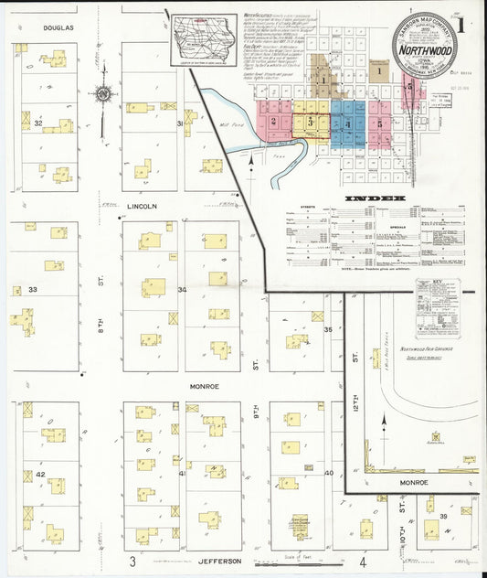 Sanborn Fire Insurance Map from Northwood, Worth County, Iowa (1916), Sheet #0001 - Historic Sanborn Fire Insurance Map Print, vintage old map wall art