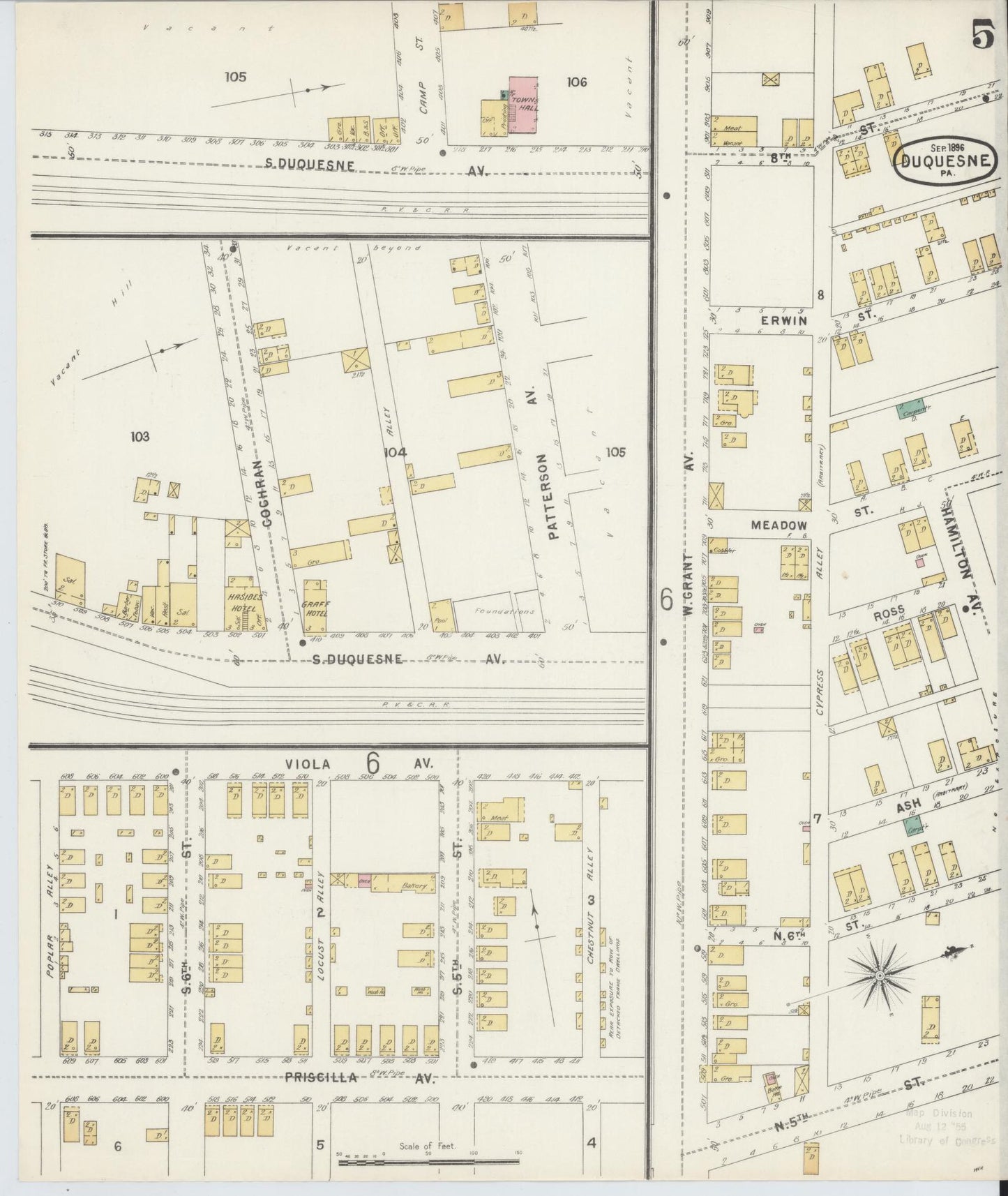 Sanborn Fire Insurance Map from Duquesne, Allegheny County, Pennsylvania (1896), Sheet #0005 - Historic Sanborn Fire Insurance Map Print, vintage old map wall art, antique decor, genealogy gift, Pennsylvania Pennsylvania map