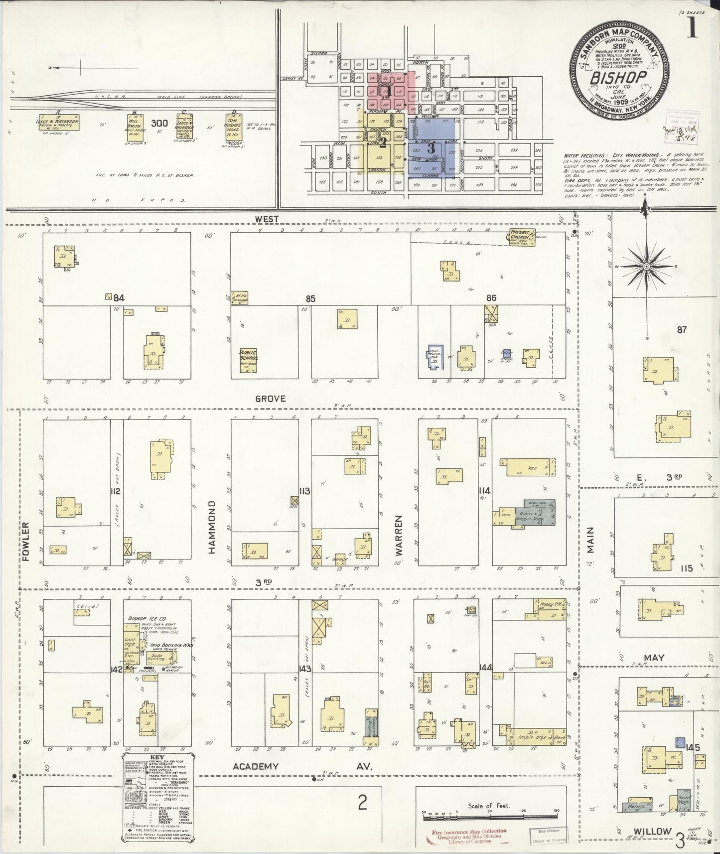 Sanborn Fire Insurance Map from Bishop, Inyo County, California (1909), Sheet #0001 - Historic Sanborn Fire Insurance Map Print, vintage old map wall art, antique decor, genealogy gift, California California map