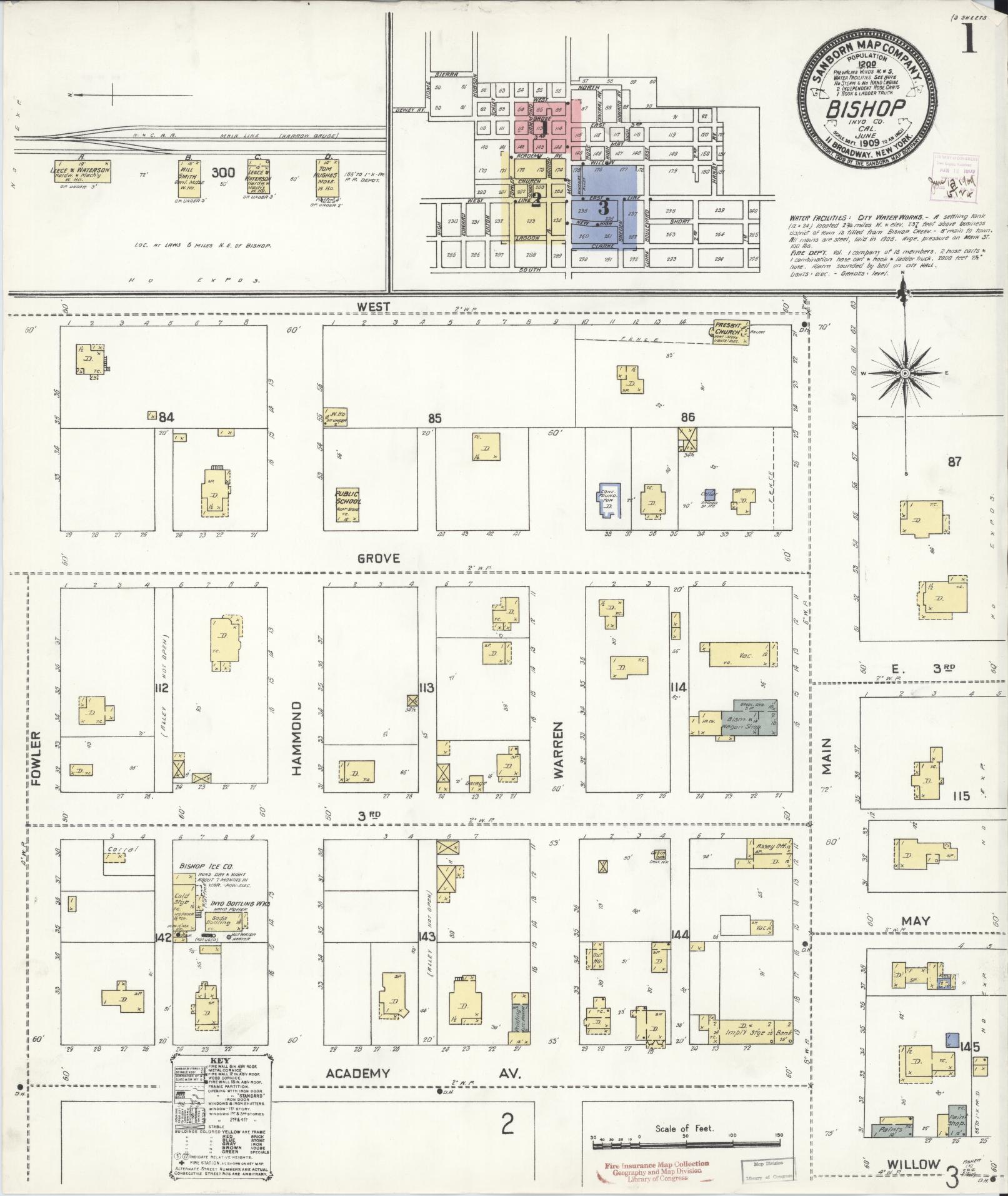 Sanborn Fire Insurance Map from Bishop, Inyo County, California (1909), Sheet #0001 - Historic Sanborn Fire Insurance Map Print, vintage old map wall art, antique decor, genealogy gift, California California map