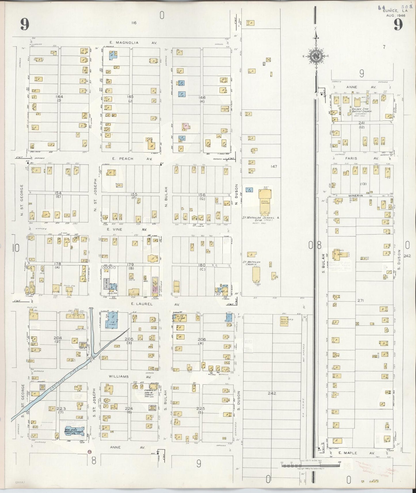 Sanborn Fire Insurance Map from Eunice, Saint Landry Parish, Louisiana (1950), Sheet #0009 - Complete Map Set gallery image, historic Sanborn map, vintage wall art, Louisiana Louisiana