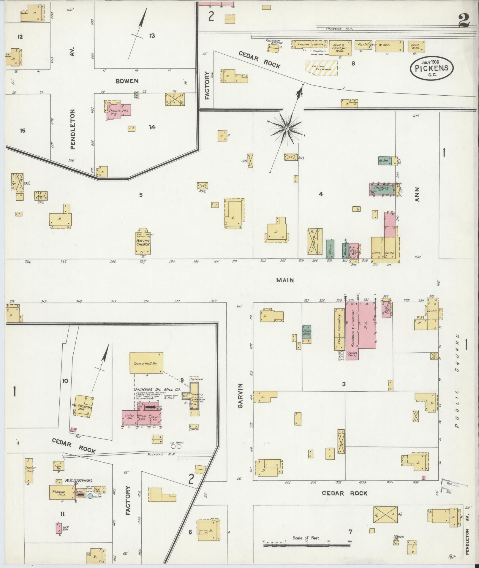 Sanborn Fire Insurance Map from Pickens, Pickens County, South Carolina (1906), Sheet #0002 - Historic Sanborn Fire Insurance Map Print, vintage old map wall art, antique decor, genealogy gift, South Carolina South Carolina map