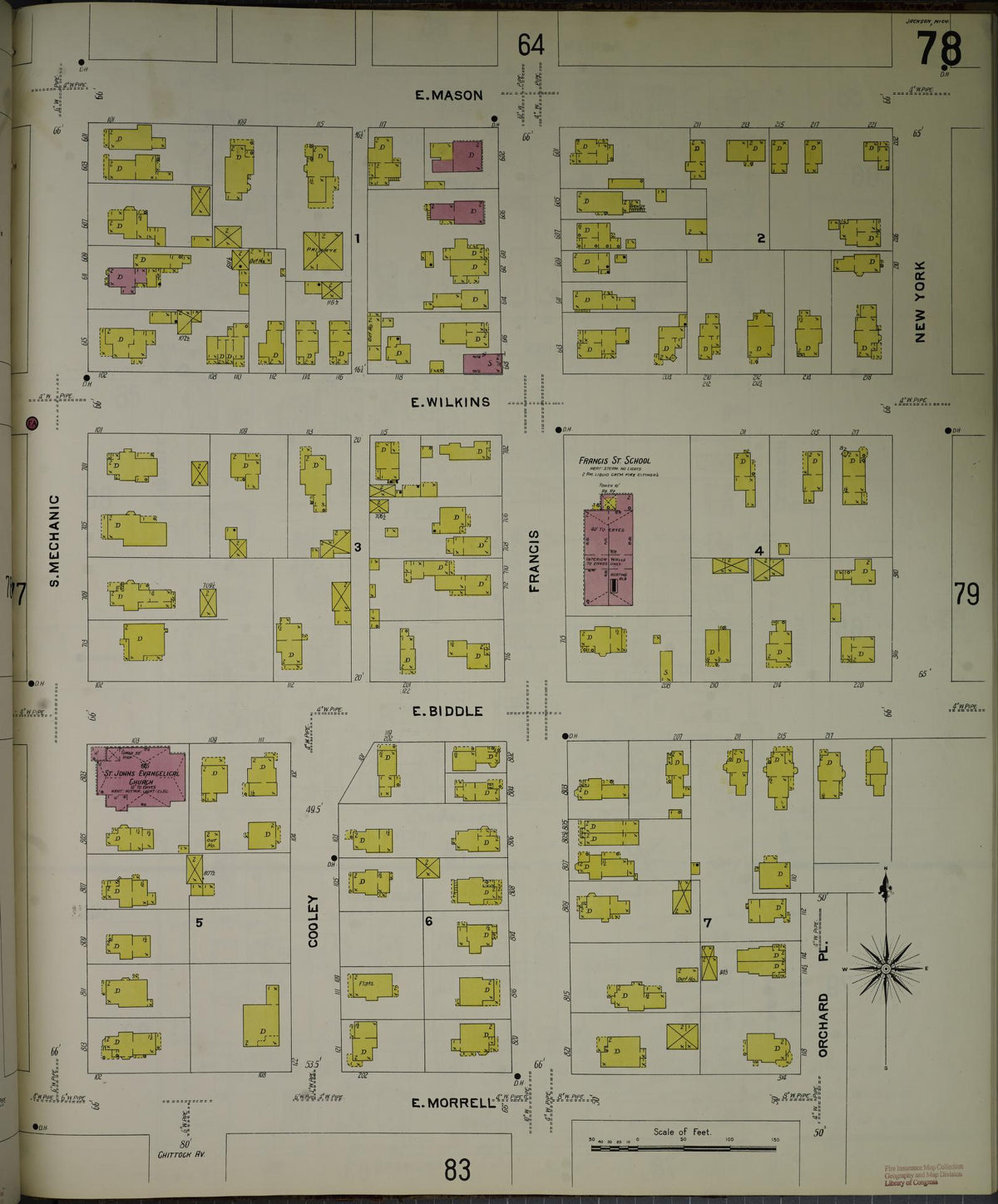 Sanborn Fire Insurance Map from Jackson, Jackson County, Michigan (1907), Sheet #0078 - Historic Sanborn Fire Insurance Map Print, vintage old map wall art, antique decor, genealogy gift, Michigan Michigan map