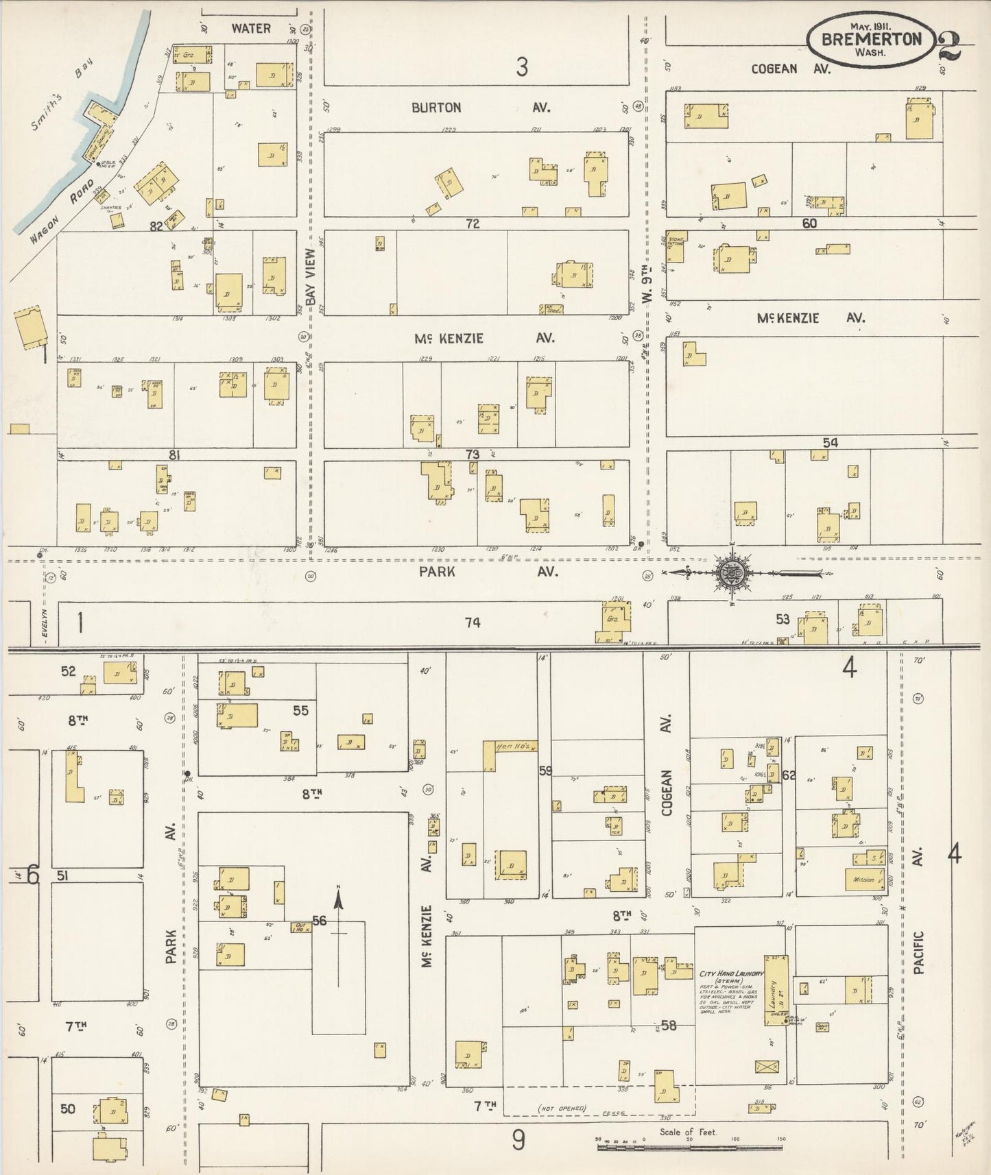 Sanborn Fire Insurance Map from Bremerton, Kitsap County, Washington (1911), Sheet #0002 - Historic Sanborn Fire Insurance Map Print, vintage old map wall art, antique decor, genealogy gift, Washington Washington map