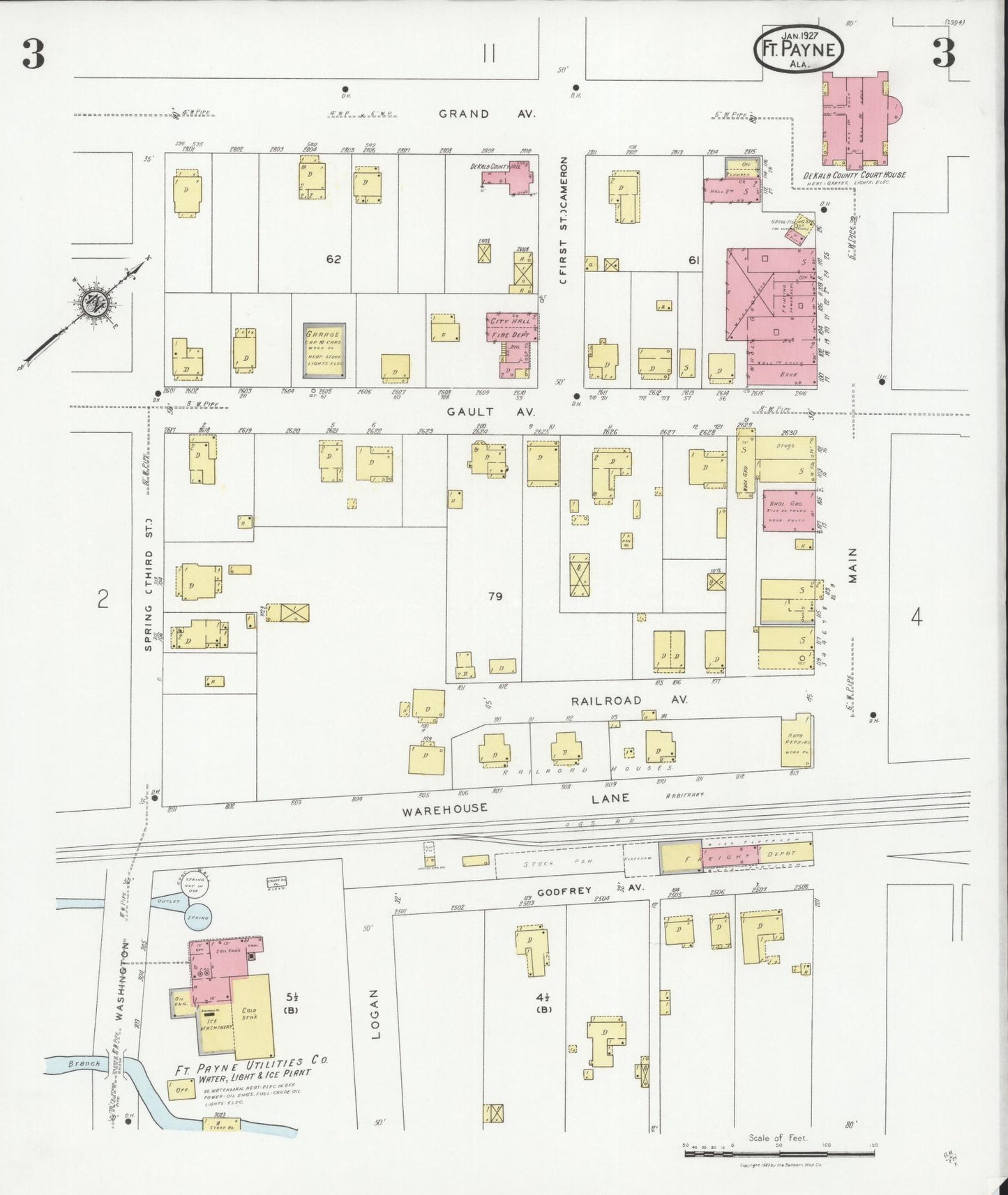 Sanborn Fire Insurance Map from Fort Payne, Dekalb County, Alabama (1927), Sheet #0003 - Complete Map Set gallery image, historic Sanborn map, vintage wall art, Alabama Alabama