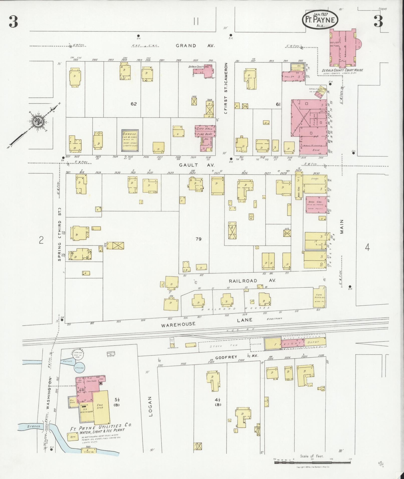 Sanborn Fire Insurance Map from Fort Payne, Dekalb County, Alabama (1927), Sheet #0003 - Complete Map Set gallery image, historic Sanborn map, vintage wall art, Alabama Alabama