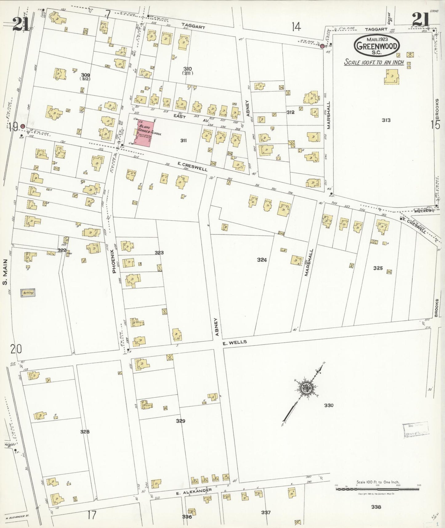 Sanborn Fire Insurance Map from Greenwood, Greenwood County, South Carolina (1923), Sheet #0021 - Complete Map Set gallery image, historic Sanborn map, vintage wall art, South Carolina South Carolina