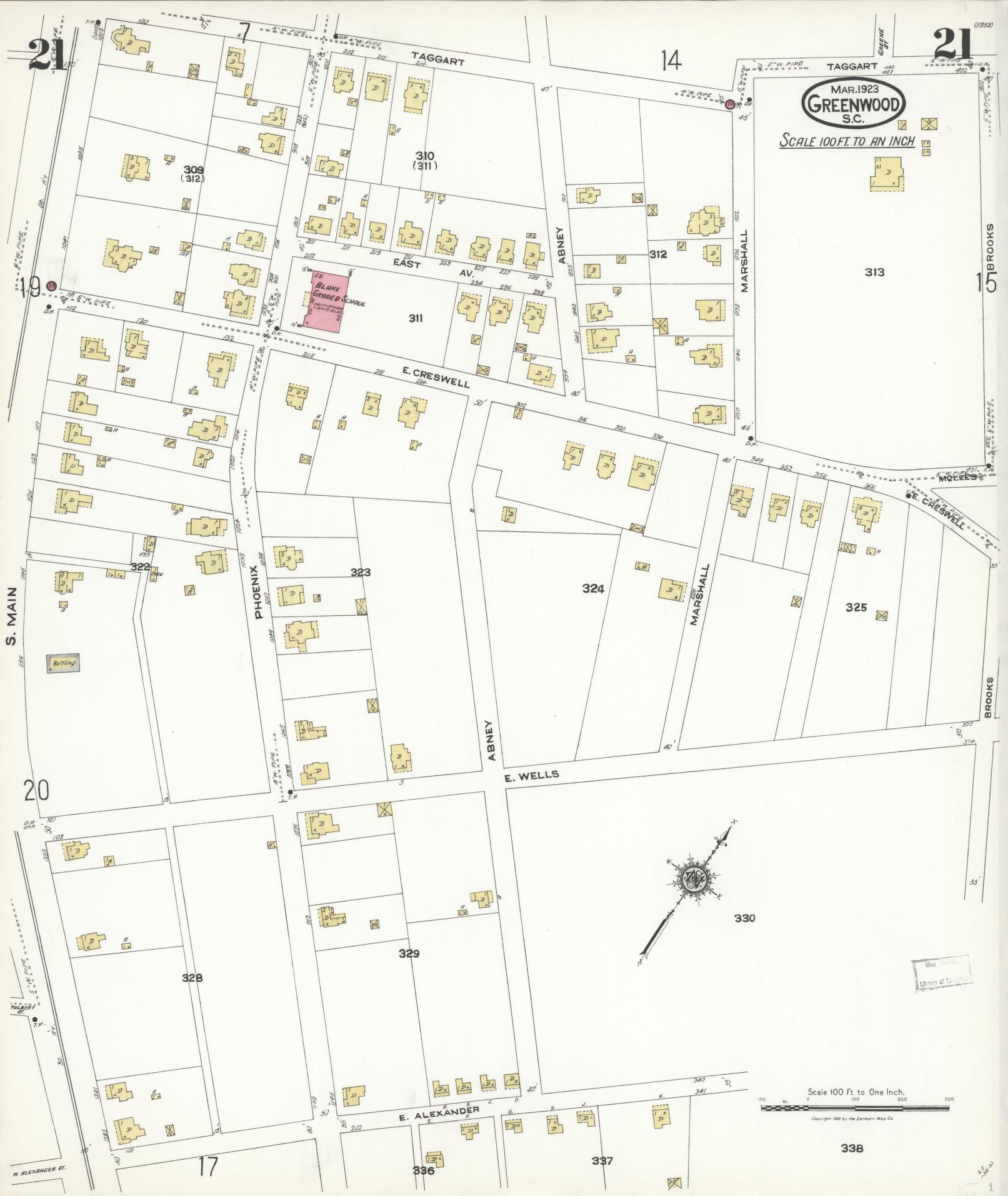Sanborn Fire Insurance Map from Greenwood, Greenwood County, South Carolina (1923), Sheet #0021 - Complete Map Set gallery image, historic Sanborn map, vintage wall art, South Carolina South Carolina