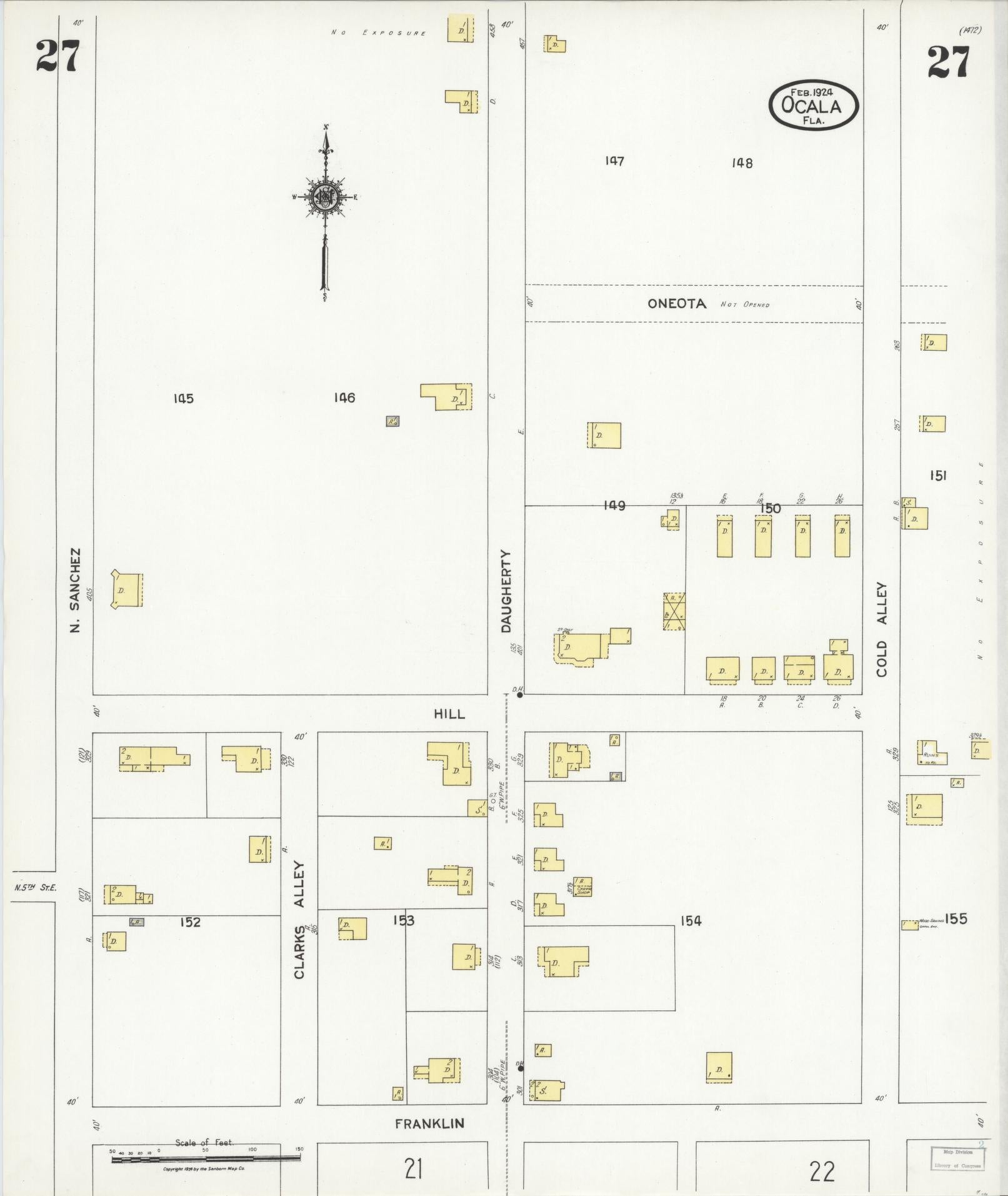 Sanborn Fire Insurance Map from Ocala, Marion County, Florida (1924), Sheet #0027 - Historic Sanborn Fire Insurance Map Print, vintage old map wall art, antique decor, genealogy gift, Florida Florida map
