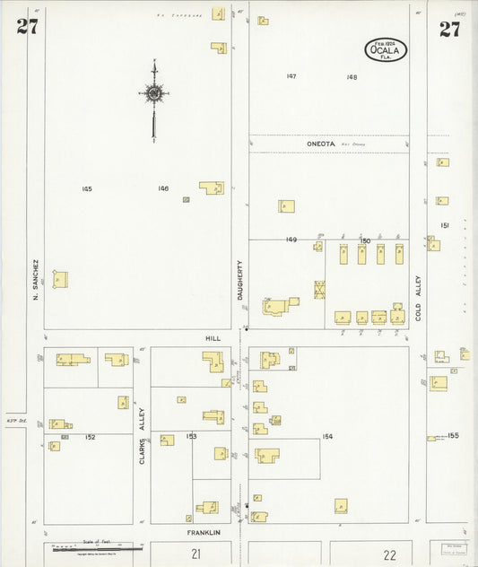 Sanborn Fire Insurance Map from Ocala, Marion County, Florida (1924), Sheet #0027 - Historic Sanborn Fire Insurance Map Print, vintage old map wall art, antique decor, genealogy gift, Florida Florida map