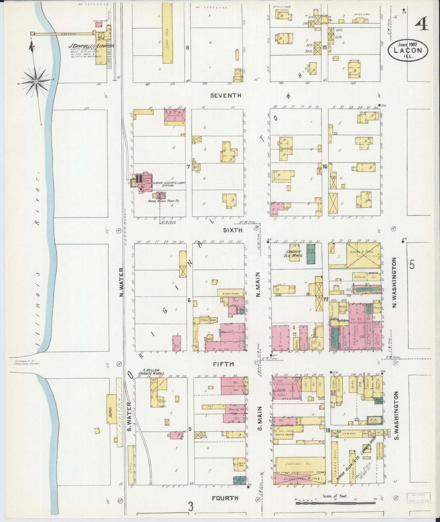 Sanborn Fire Insurance Map from Lacon, Marshall County, Illinois (1907), Sheet #0004 - Historic Sanborn Fire Insurance Map Print, vintage old map wall art, antique decor, genealogy gift, Illinois Illinois map