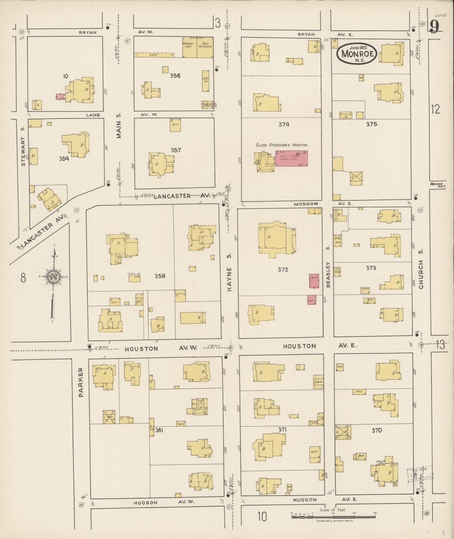 Sanborn Fire Insurance Map from Monroe, Union County, North Carolina (1922), Sheet #0009 - Historic Sanborn Fire Insurance Map Print, vintage old map wall art, antique decor, genealogy gift, North Carolina North Carolina map