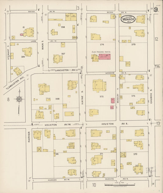 Sanborn Fire Insurance Map from Monroe, Union County, North Carolina (1922), Sheet #0009 - Historic Sanborn Fire Insurance Map Print, vintage old map wall art, antique decor, genealogy gift, North Carolina North Carolina map