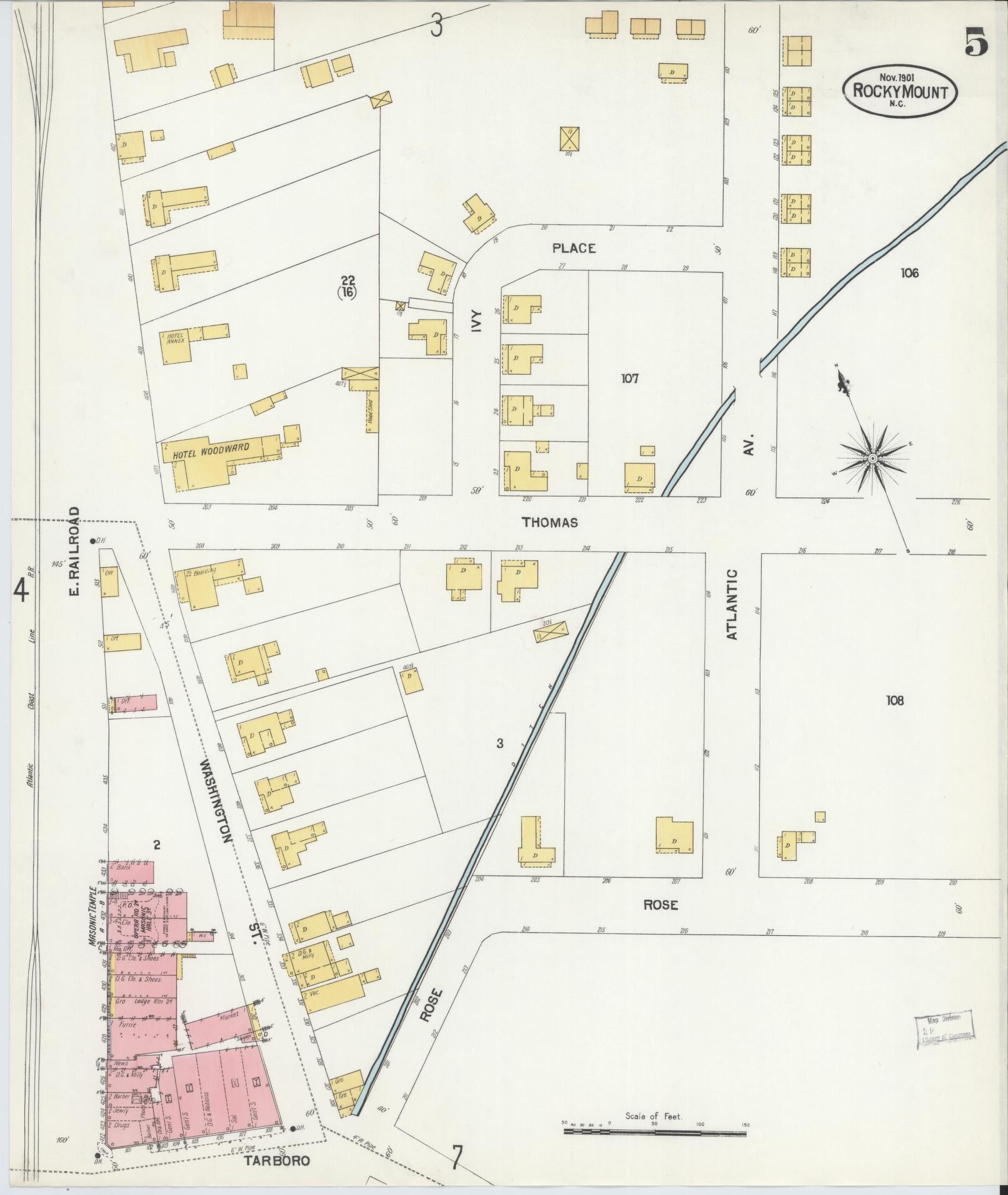 Sanborn Fire Insurance Map from Rocky Mount, Edgecombe And Nash Counties, North Carolina (1901), Sheet #0005 - Complete Map Set gallery image, historic Sanborn map, vintage wall art, North Carolina North Carolina