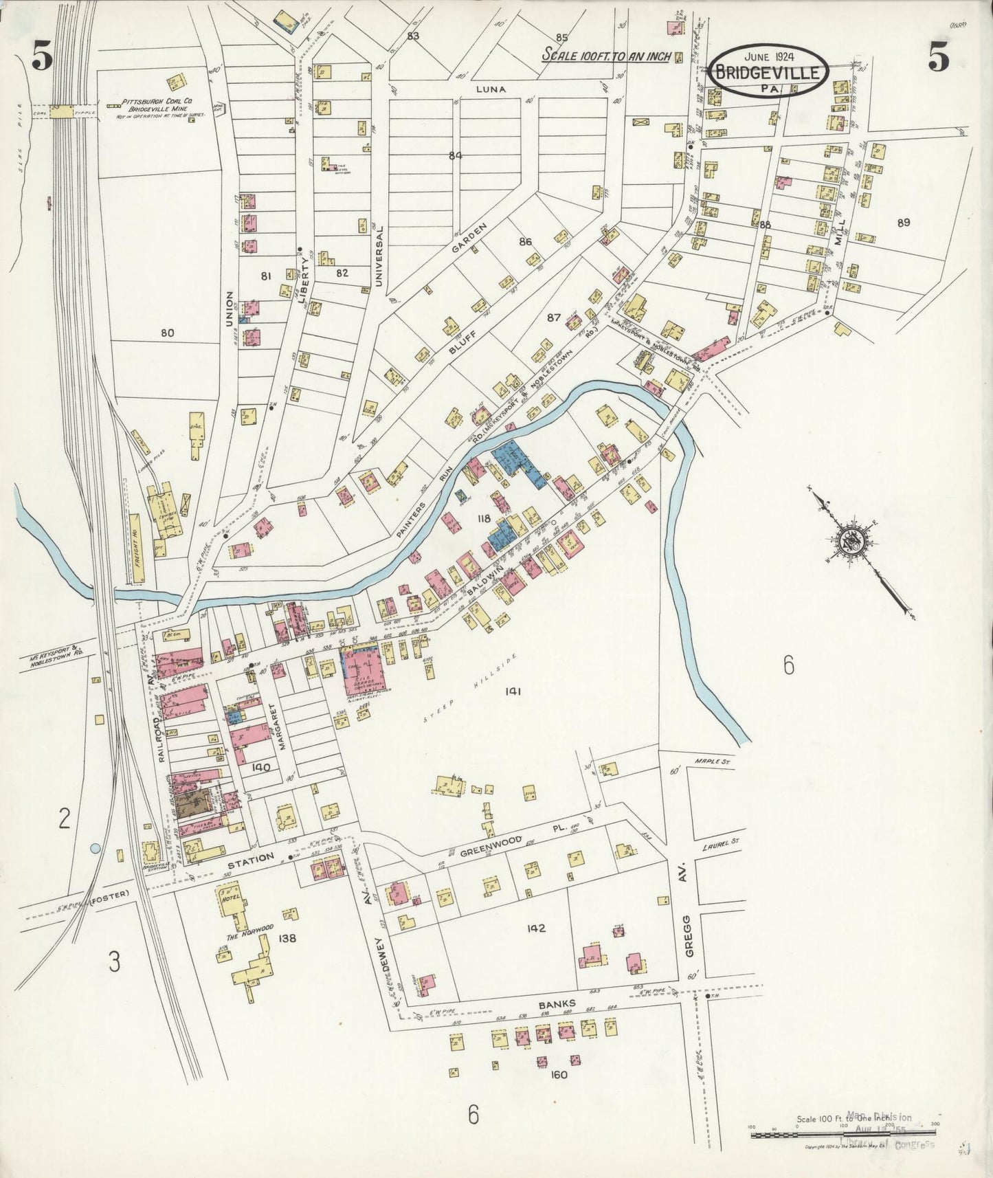 Sanborn Fire Insurance Map from Bridgeville, Allegheny County, Pennsylvania (1924), Sheet #0005 - Historic Sanborn Fire Insurance Map Print, vintage old map wall art, antique decor, genealogy gift, Pennsylvania Pennsylvania map